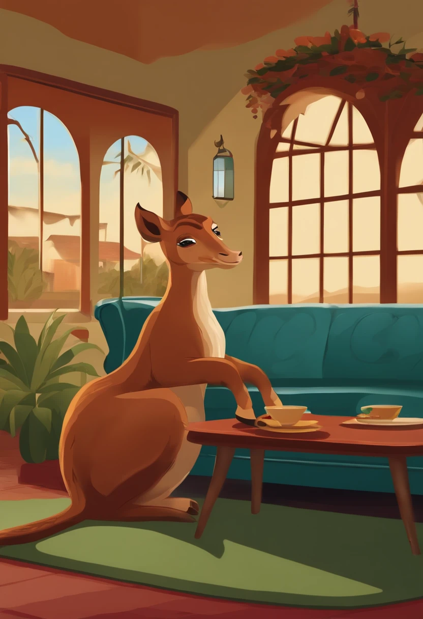 Araffe gets up from the couch and goes to the window. Ele olha para a rua, But there's nothing interesting going on.