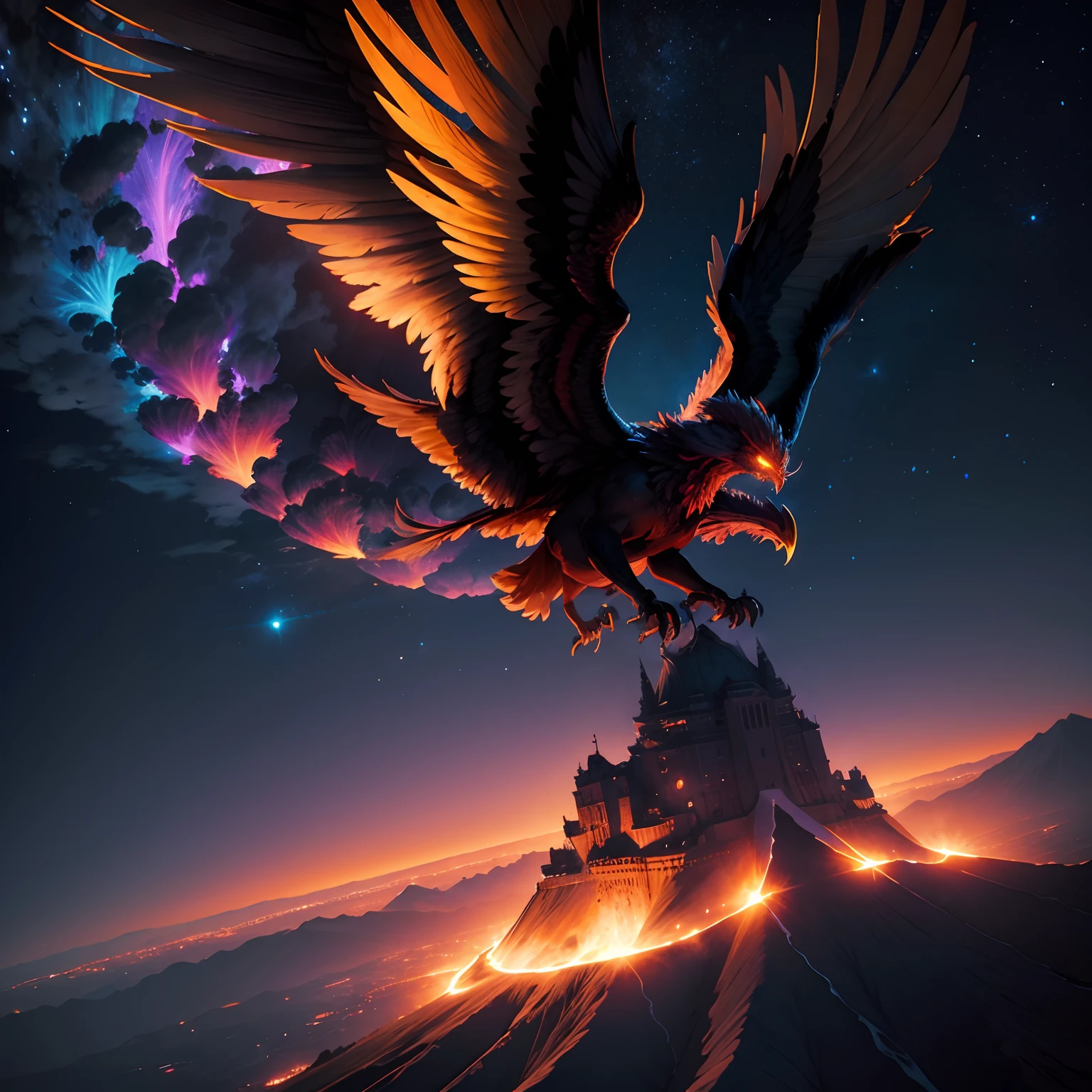 Phoenix noir sur un volcan la nuit
