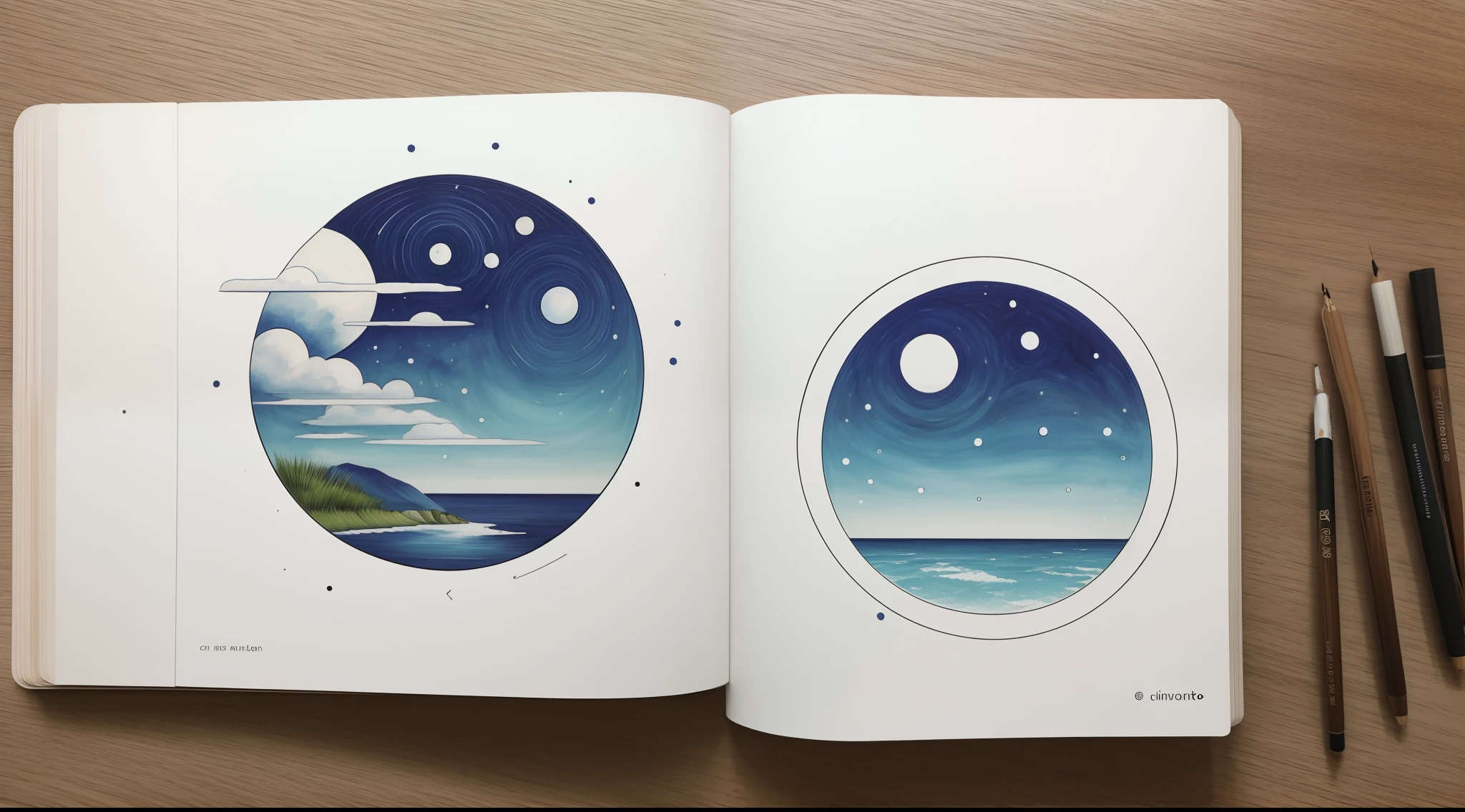 Imagine a minimalist work that captures the essence of simplicity and elegance. Imagine uma tela em branco, a space in which every stroke has meaning. At the center of the composition, I highlight a perfect circle, filled with a single color - a deep, serene blue that evokes a feeling of tranquility. This circle represents the harmony and totality of the universe. Around the circle, I add fine and precise strokes, forming straight lines that extend to the edges of the screen, as if connecting the circle to the outside world. These lines represent the interconnectedness of all things. The color palette is minimalist, com tons de azul, branco e cinza, criando uma atmosfera de serenidade. The work must convey the profound simplicity and beauty that can be found in the contemplation of space and form
