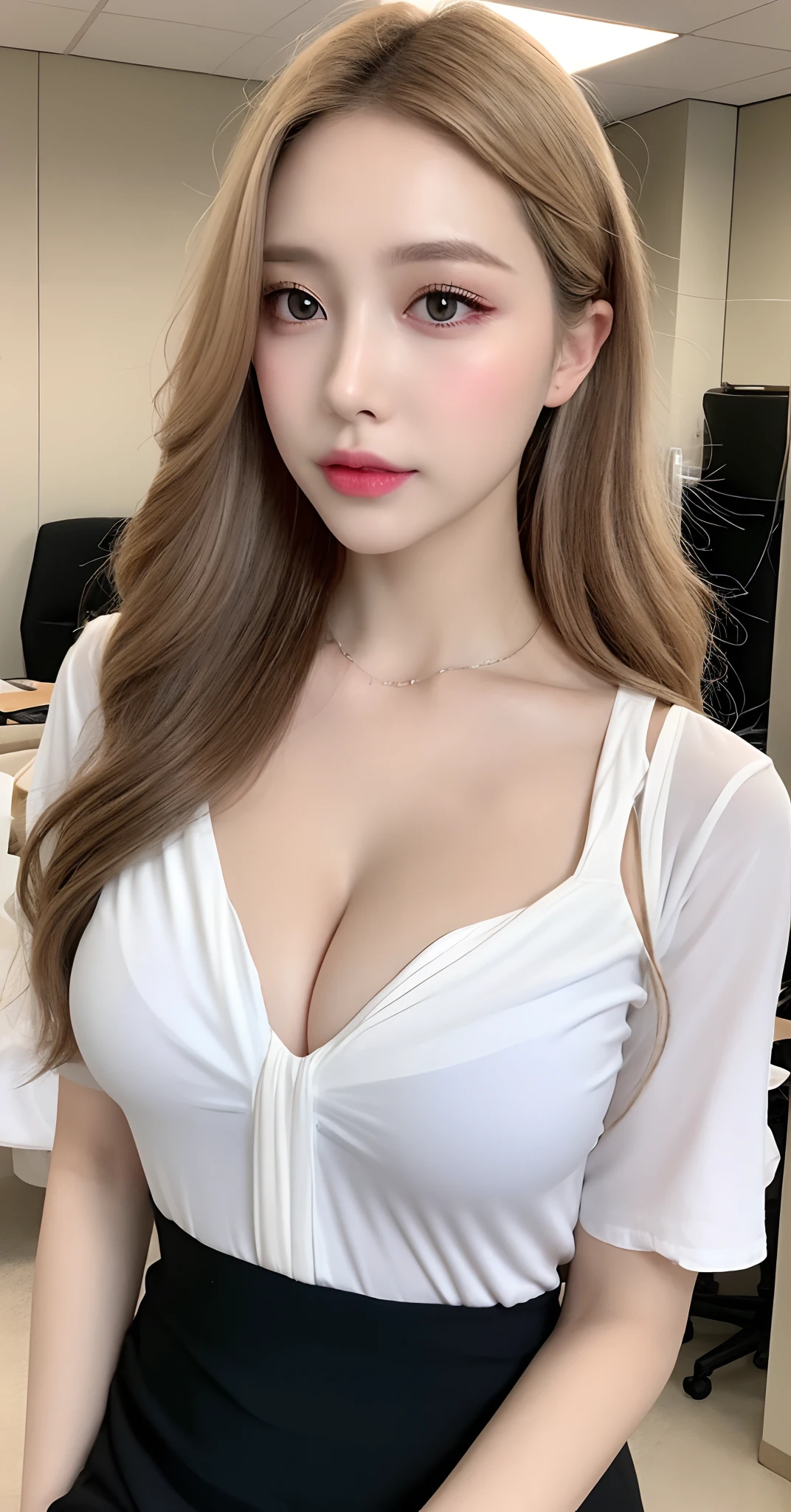 8k, Top image quality、Raw photography、超A high resolution、1 pretty girl、Colossal tits:1.3、cleavage of the breast:1.3 、white tight shirt (transparent)、open shirt show , (detailed  clothing), (detailed black short skirt), (pantyhose), full body, fair white skin、shiny white skin、(wavy blonde hair)、dark brown hair、dark brown hair、Beautiful eyes with random colors、very thin lips, finely detail、elongated eyes、pale pink blush、long eyeslashes、Beautiful double eyelids、eyeshadows、耳Nipple Ring、Company Office、Lighting that emphasizes beautiful skin、Lustrous skin