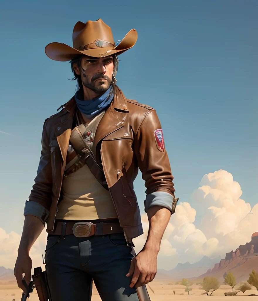 Cowboy man in a brown leather jacket and hat holding a gun, post - apocalyptic cowboy, Jessé McCree, McCree de Overwatch, Pistoleiro ocidental, Estilo Jean Giraud, Retrato de um ranger robusto, Ranger masculino robusto, vaqueiro, Beeple e Jean Giraud, space western, vestido como um xerife ocidental, Velho Oeste, Roupas ocidentais, an epic western