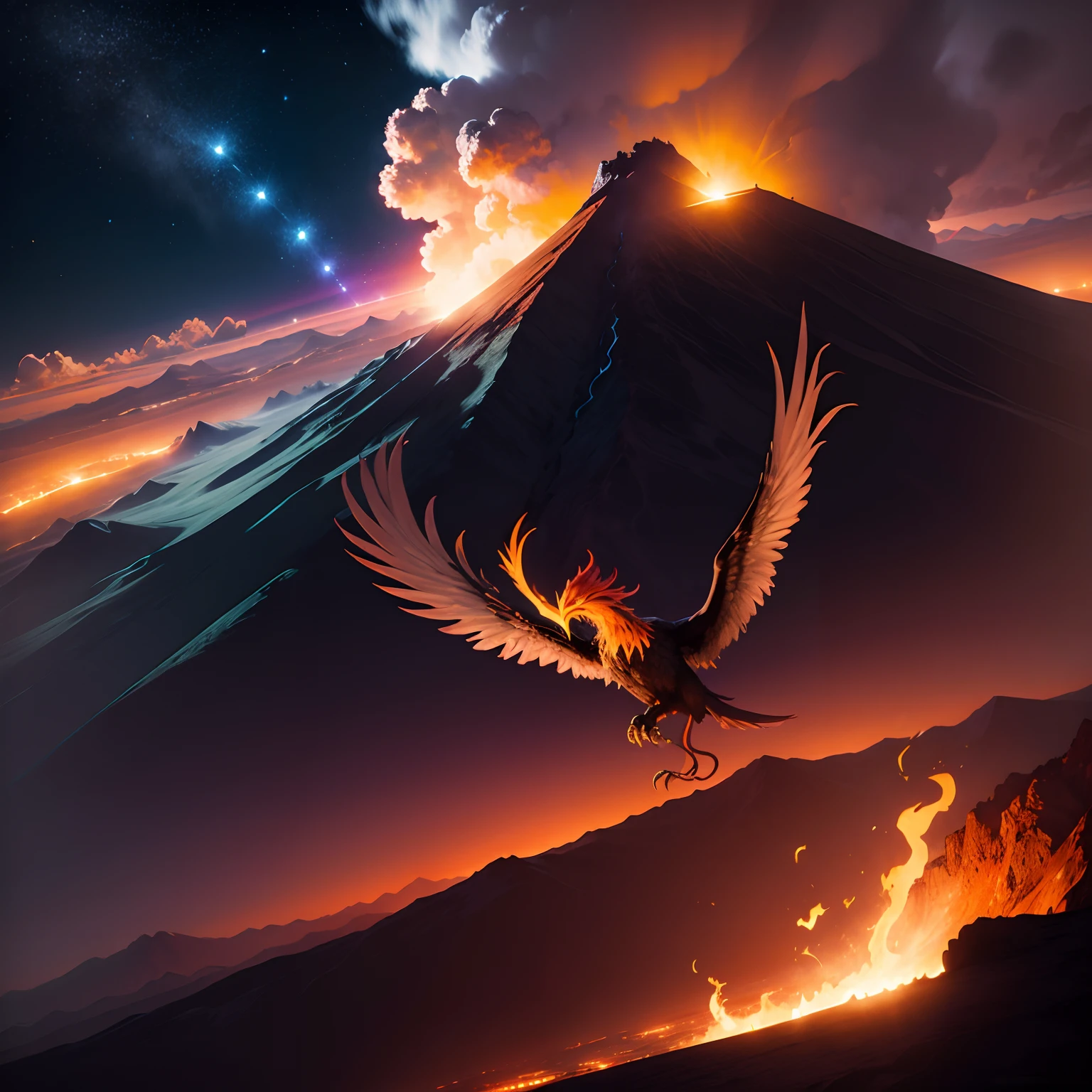 Phoenix noir sur un volcan la nuit
