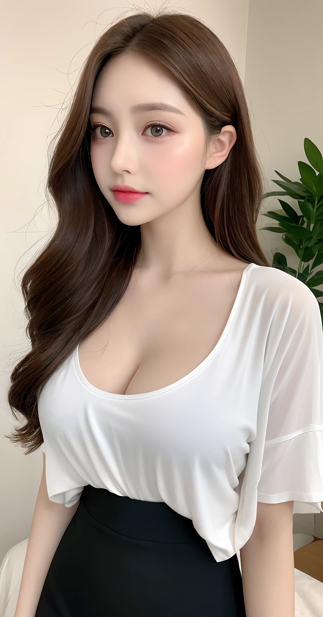 8k, Top image quality、Raw photography、超A high resolution、1 pretty girl、Colossal tits:1.3、cleavage of the breast:1.3 、white tight shirt (transparent)、open shirt show , (detailed  clothing), (detailed black short skirt), (pantyhose), full body, fair white skin、shiny white skin、(wavy blonde hair)、dark brown hair、dark brown hair、Beautiful eyes with random colors、very thin lips, finely detail、elongated eyes、pale pink blush、long eyeslashes、Beautiful double eyelids、eyeshadows、耳Nipple Ring、Company Office、Lighting that emphasizes beautiful skin、Lustrous skin