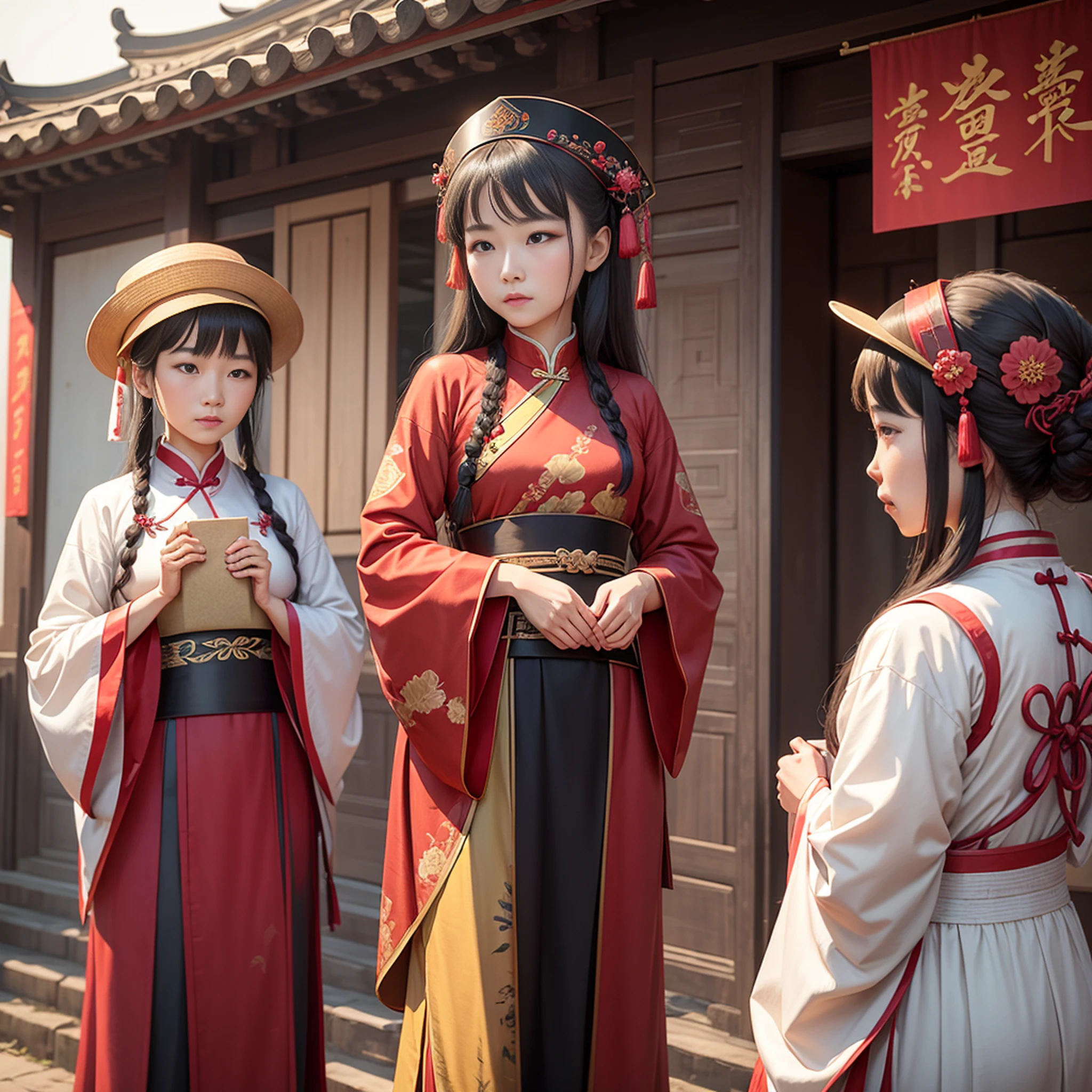No povo rural da China, people's style of clothing is Hanfu, The facial expressions of the human face should be natural, people have New Year's gifts, the building is a Tang Dynasty style building, and the decoration of the building needs to have a New Year's atmosphere