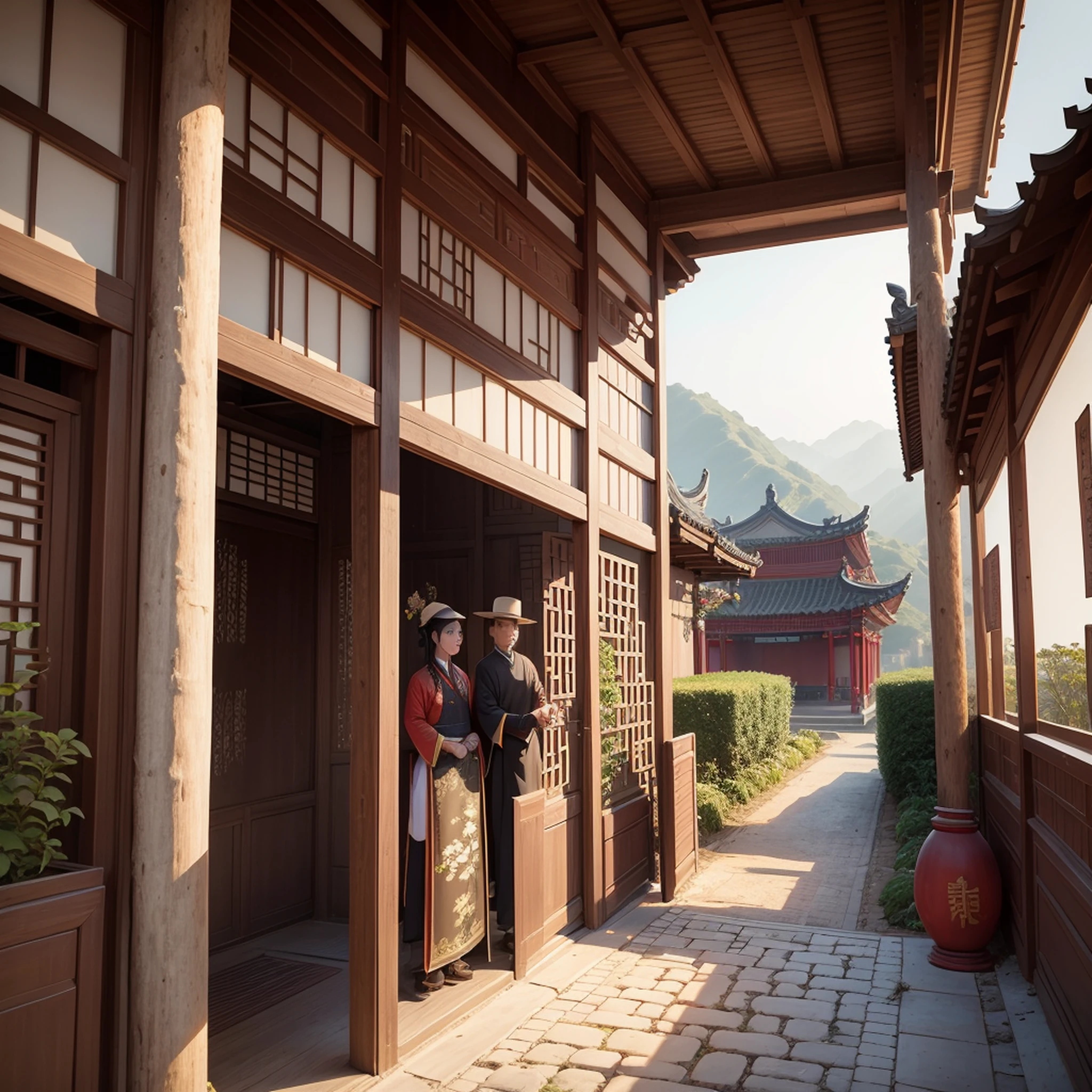 No povo rural da China, people's style of clothing is Hanfu, The facial expressions of the human face should be natural, people have New Year's gifts, the building is a Tang Dynasty style building, and the decoration of the building needs to have a New Year's atmosphere