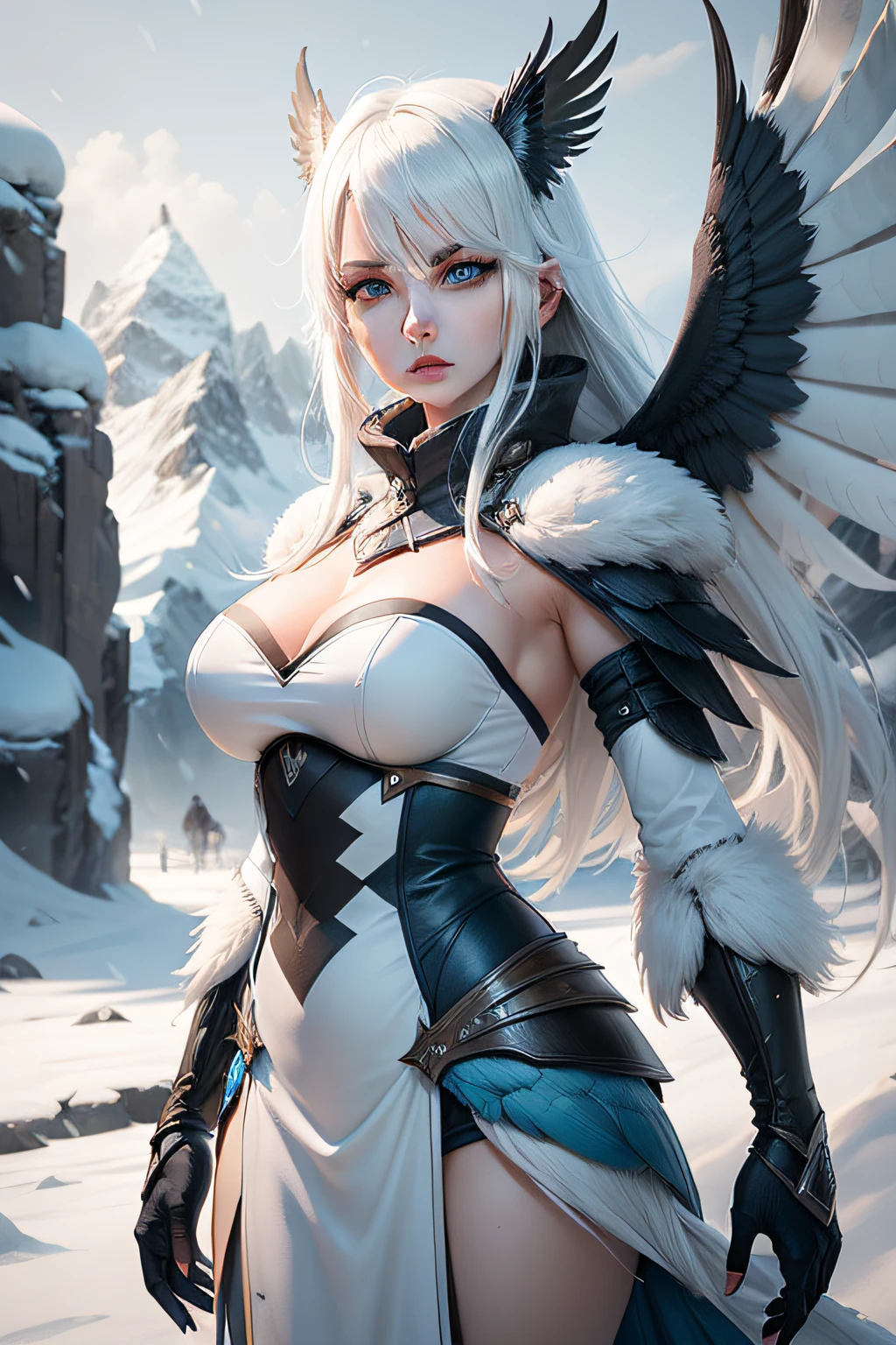 FEMALE, HARPY, WHITE FEATHERS, FIERCE EXPRESSION, blue eyes, white outfit, DARK BACKGROUND, snowy, snowy mountains, volumetric lighting, subsurface scattering, cinematic lighting