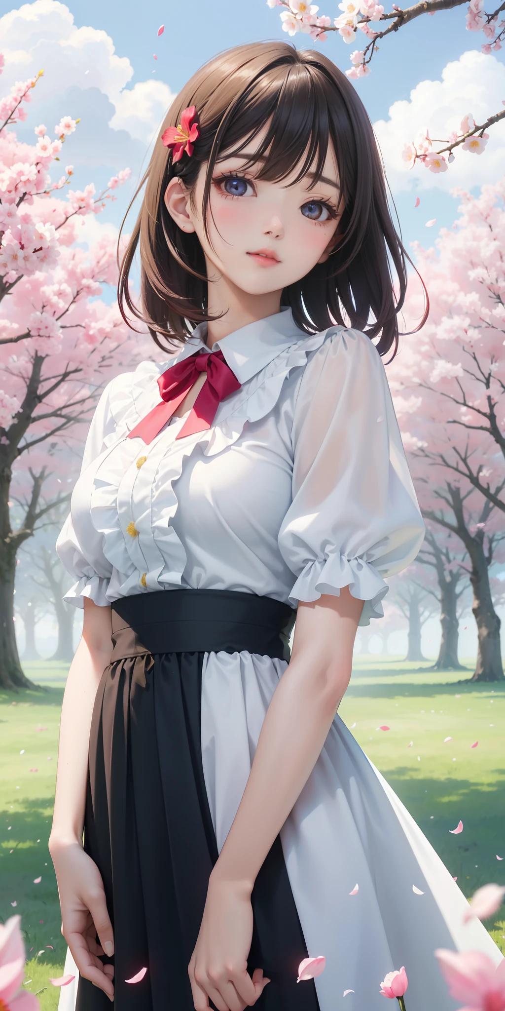 perfect medium breasts (1girl, solo:1.3), ((channel medium hair)) , ruby ​​eyes, top, beautiful detailed eyes, vivid, sanshoku dango, hanami, picnic, received kiss, received hug, cloudy sky, flower, flower amazing, narcissus, falling petals, el((masterpiece, best quality))