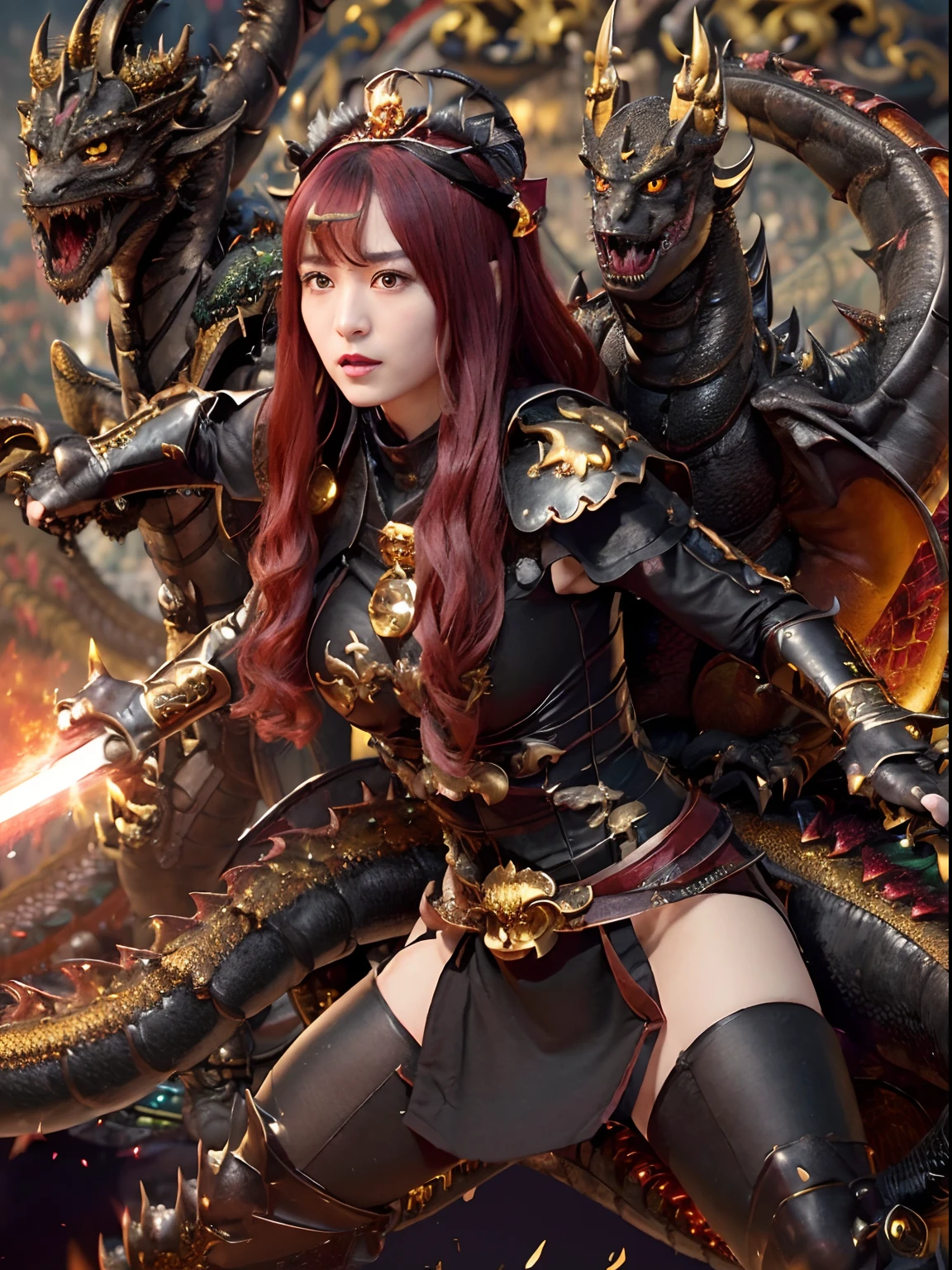 (The Ultimate Beauty Face), Professional , ​masterpiece、top-quality、photos realistic , depth of fields （Gemstone Black Metal Body:1.4),(Matte Black、（cleavage of the breast）、Dragon Gold Weapon,Mystical expression、Particles of light、((((Fight dragons)))、（a beauty girl）、（Dragon Metal Body:1.４),Gorgeous Silver Weapons ,（（ Dragon's dense and gorgeous sword）） , Beautiful knife   ,warhammer 40k , adepta sororitas,Detail and gorgeous crown、（（Red hair））、（Castle background）、、（（Gangle's forest background））、Beautiful Caucasian beauty、１a person、dynamic ungle,(((Detailed and ornate Black Devil Crown)))、Smaller head、A smile、Castle background、Thin and beautiful female hands、cleavage of the breast、Soldier in iron armor on background、Mystical expression、Light Effects、intense fighting、Wind-effect、magic circles、With the legendary magic wand、（demonic wings）、