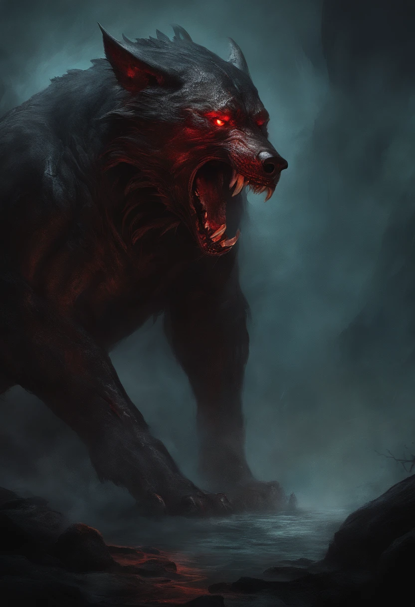 Uma pintura de um lobo realmente mest, with a bloodied face and a bloody head, carnificina, Sci - Horror Art of Fiction, Science fiction horror art, inspirado em Aleksi Briclot, Presas da carnificina, arte de fantasia de terror, Directed by: Aleksi Briclot, arte conceitual de terror, veneno, Arte de fantasia e terror, Detailed illustration of 4K horror, demonic creature, arte de terror de fantasia sombria