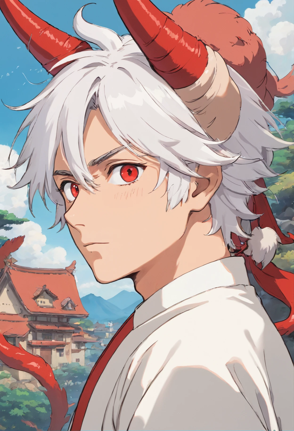 A white-haired man with a red horn on the right side of his head, roupas pretas, camiseta gola alta, animated color photos, Masami Teraoka, Paulo Gauguin, Estilo Embry, retrato honesto
