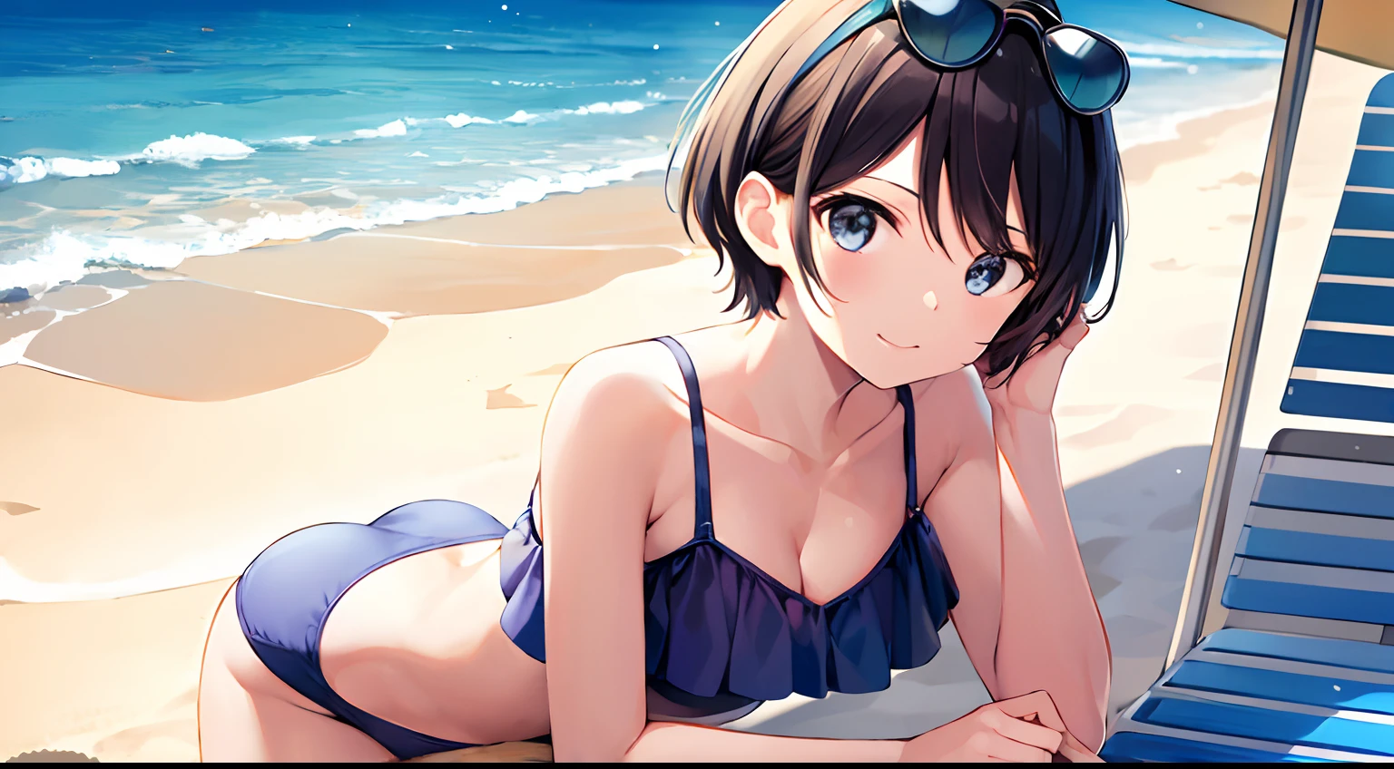 best quality, masterpiece,  sakuramikuv1, light smile,, looking at viewer, swimsuit, sunglasses, beach, beach chair,standing on her feet,se mostrando para o espectador