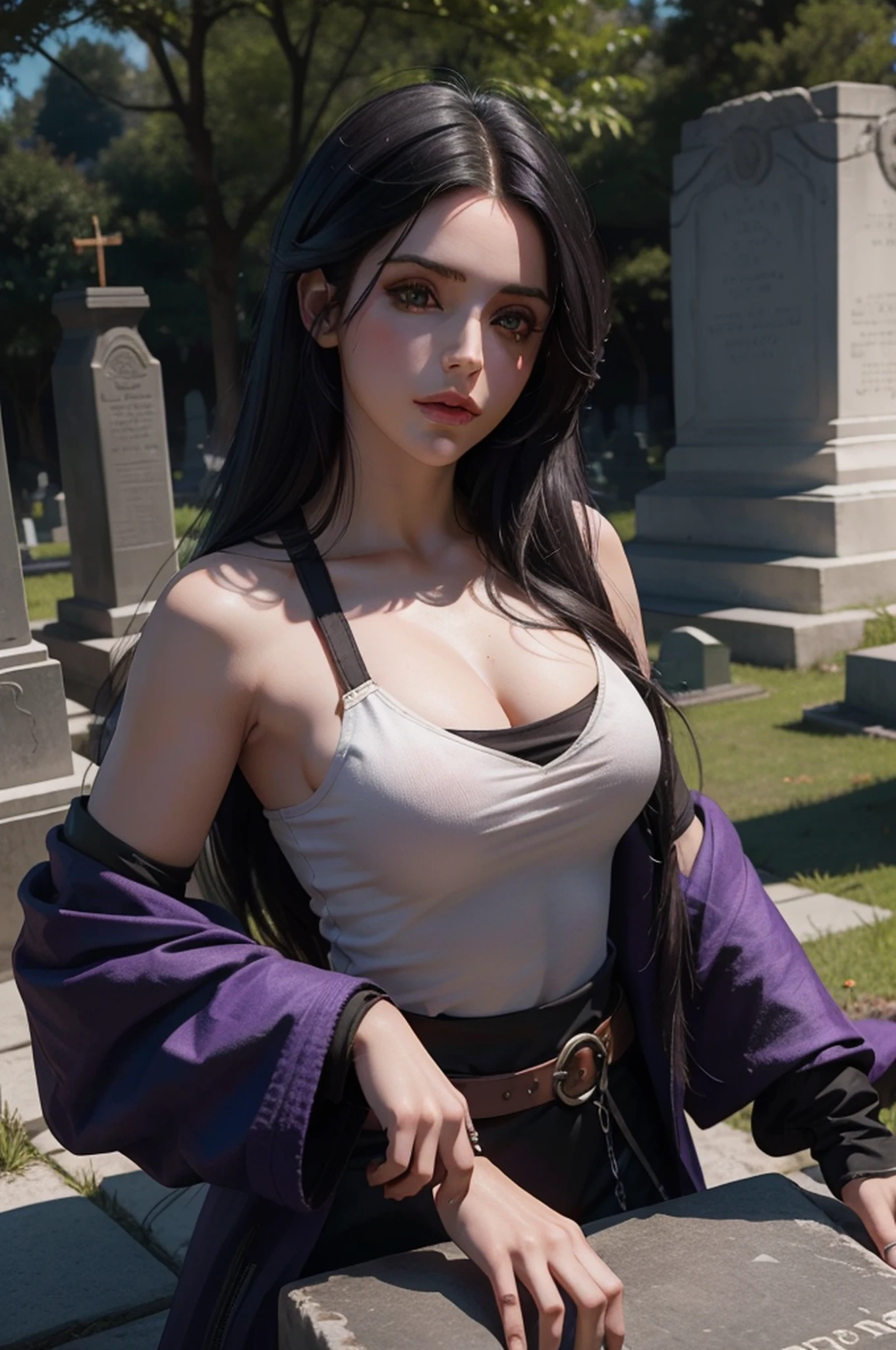 Mulher bonita que lembra Yennefer de The Witcher com longos cabelos pretos e olhos violetas brilhantes, obra prima, ultra qualidade, 8k, cabelos caindo sobre seus ombros, in the background a cemetery, She's wearing a tank top.