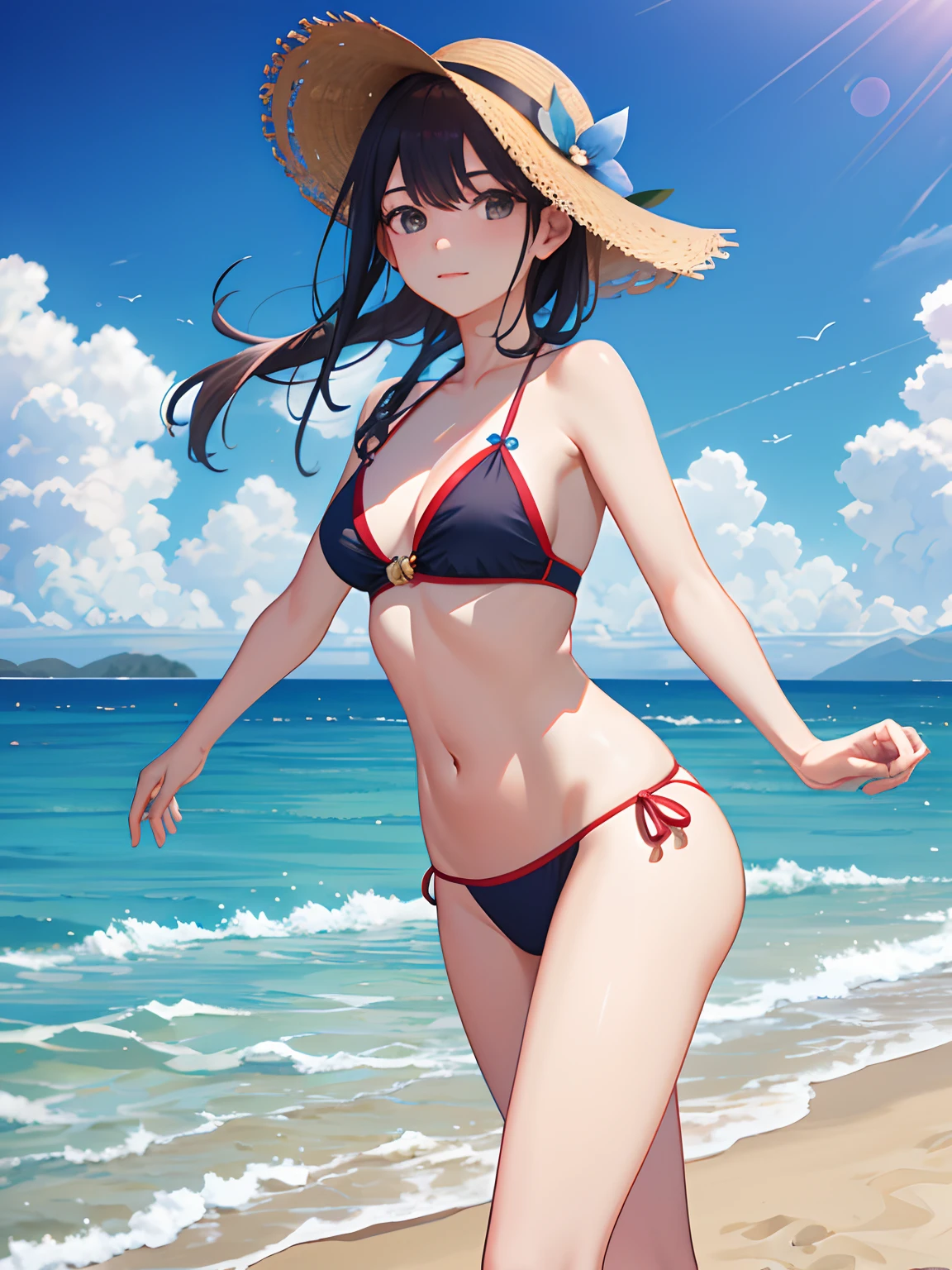 1garota, 夏天, piso, oceano, Realistic beach cinematic 8K hyper realistic, (best resolution)