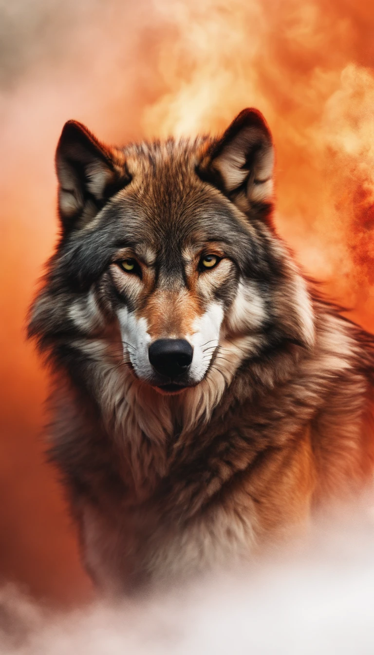 A wolf emerging from crimson smoke in front of an orange and green background, showcasing the best quality of the image with ultra-detailed features. The wolf's portrait is highly realistic, capturing its vivid colors in sharp focus with a bokeh effect. The scene is expertly lit using studio lighting, enhancing the overall atmosphere and highlighting the details of the wolf's fur and expression.