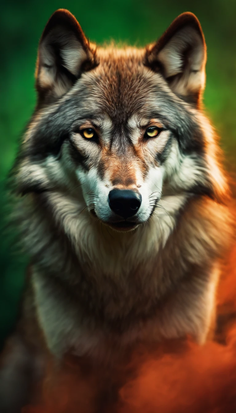 A wolf emerging from crimson smoke in front of an orange and green background, showcasing the best quality of the image with ultra-detailed features. The wolf's portrait is highly realistic, capturing its vivid colors in sharp focus with a bokeh effect. The scene is expertly lit using studio lighting, enhancing the overall atmosphere and highlighting the details of the wolf's fur and expression.