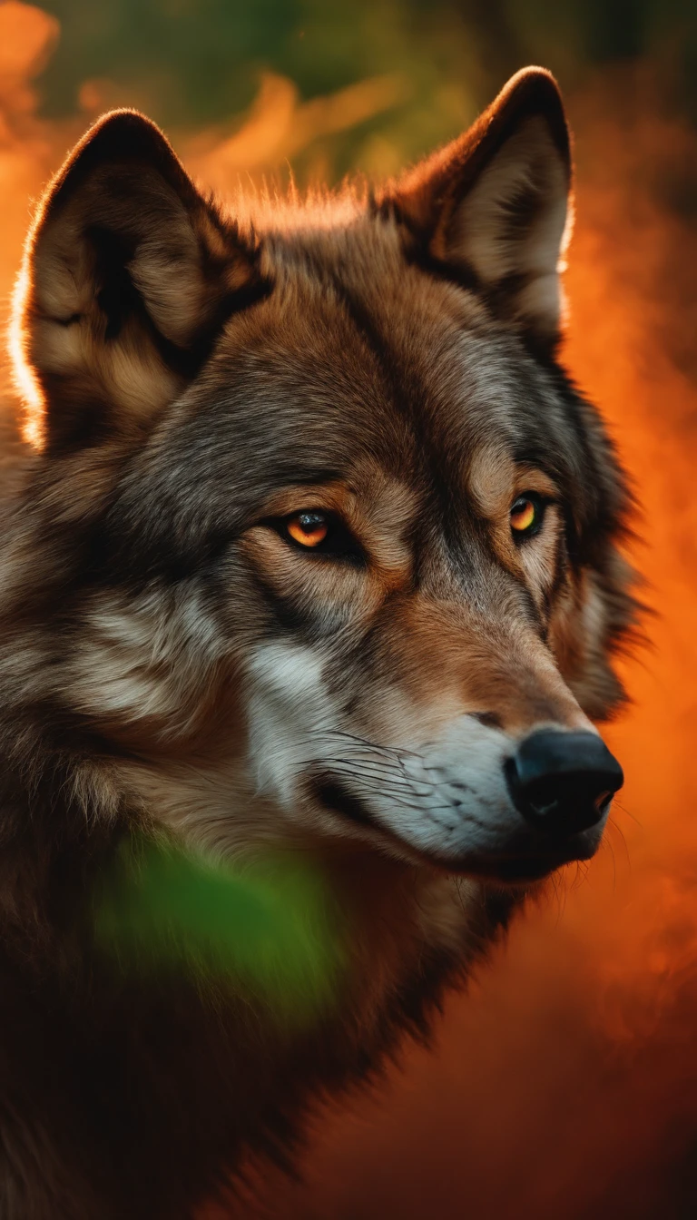 A wolf emerging from crimson smoke in front of an orange and green background, showcasing the best quality of the image with ultra-detailed features. The wolf's portrait is highly realistic, capturing its vivid colors in sharp focus with a bokeh effect. The scene is expertly lit using studio lighting, enhancing the overall atmosphere and highlighting the details of the wolf's fur and expression.