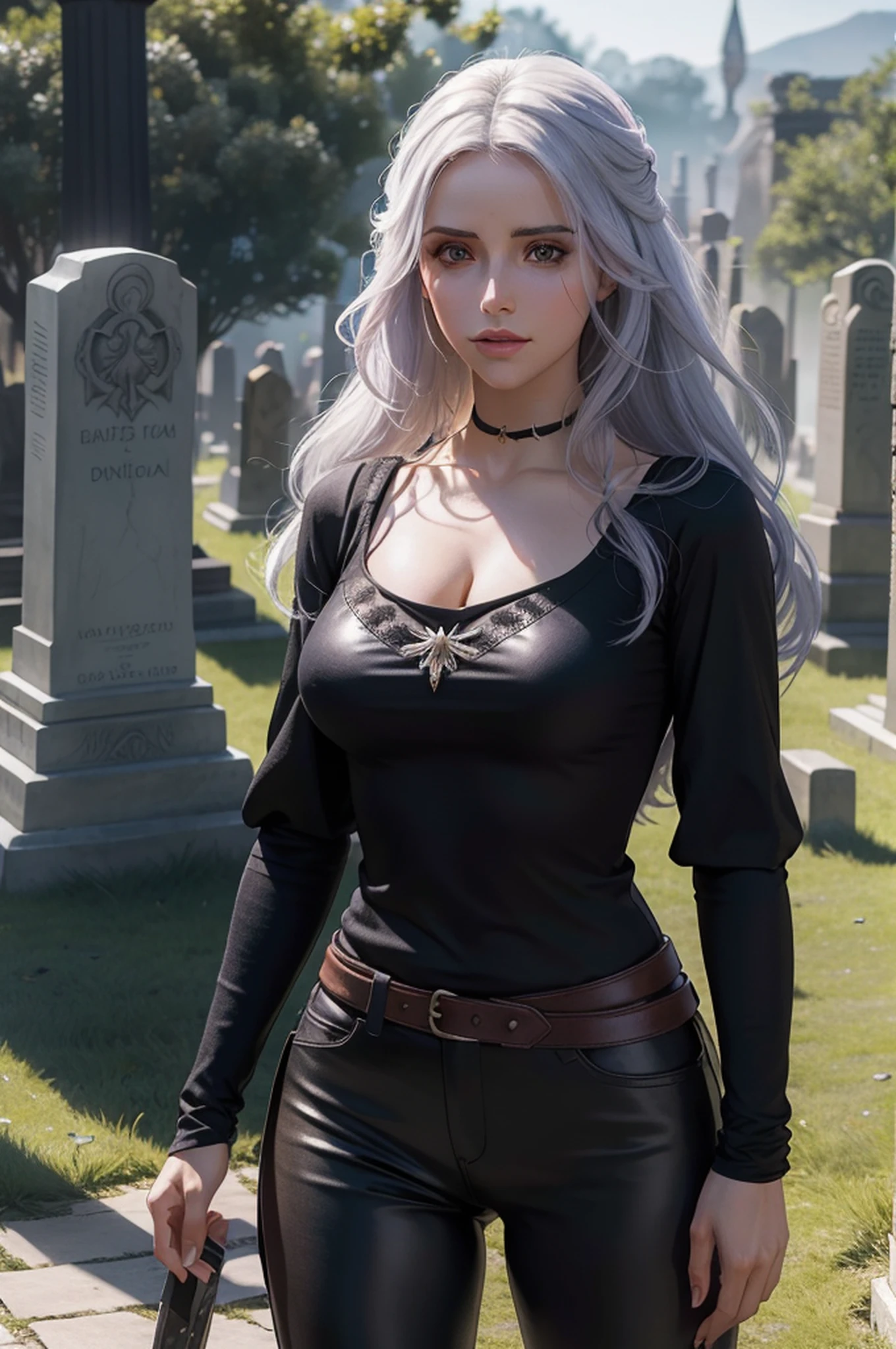 Mulher bonita que lembra Yennefer de The Witcher com longos cabelos pretos e olhos violetas brilhantes, obra prima, ultra qualidade, 8k, cabelos caindo sobre seus ombros, in the background a cemetery, She's wearing a tank top.