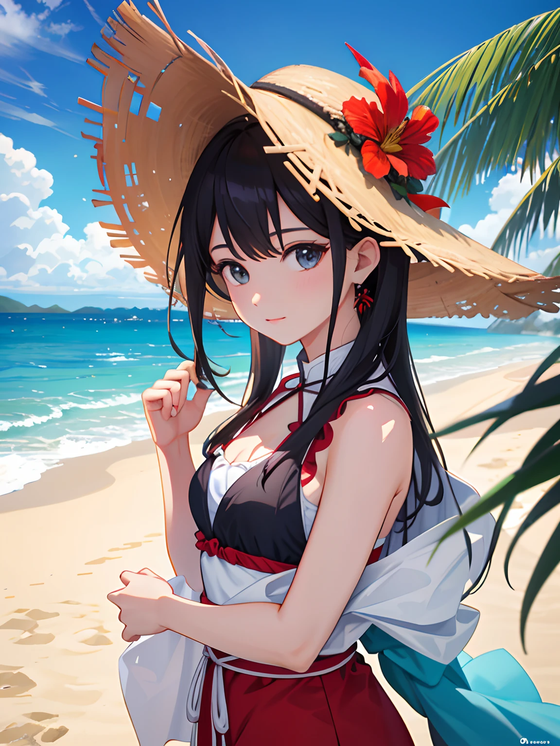 1garota, 夏天, piso, oceano, Realistic beach cinematic 8K hyper realistic, (best resolution)