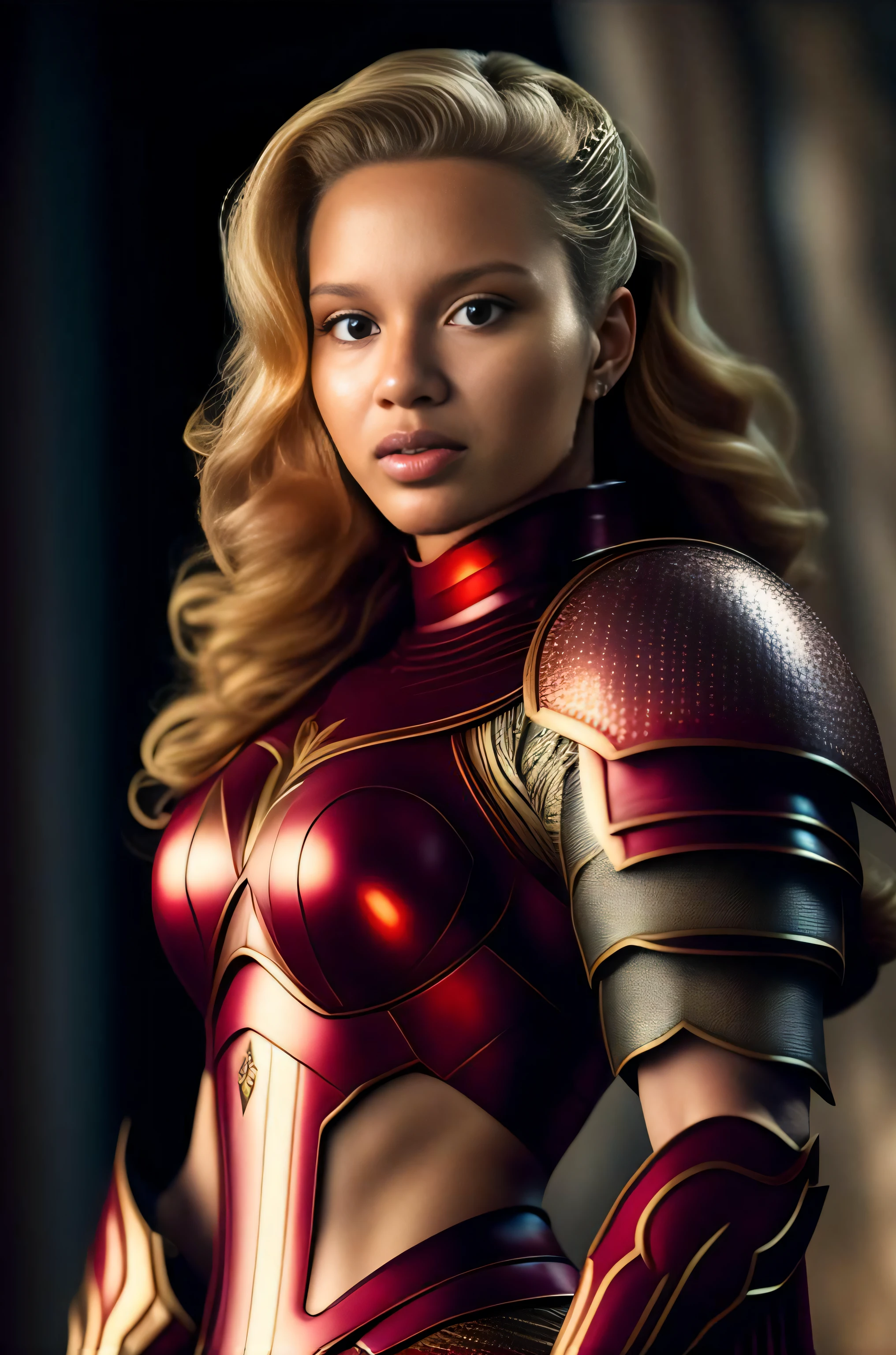 um close up de uma mulher com uma roupa vermelha e dourada, pomba cameron em uma armadura de cavaleiro, Senhora na armadura vermelha, No estilo da Marvel e DC, menina na armadura do cavaleiro, beyonce as wonder woman, inspirado em Magali Villeneuve, Maika Monroe Batgirl, Artgerm Julie Bell Beeple, armadura bonita, Retrato de Darna moderno