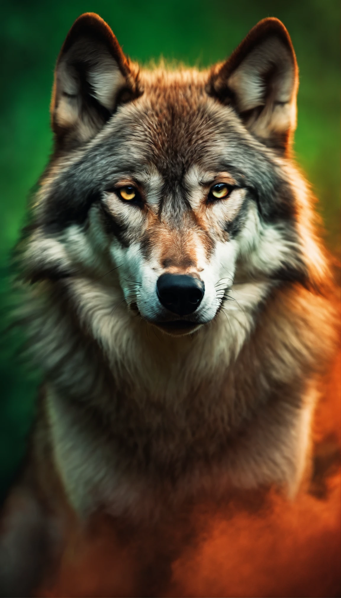 A wolf emerging from crimson smoke in front of an orange and green background, showcasing the best quality of the image with ultra-detailed features. The wolf's portrait is highly realistic, capturing its vivid colors in sharp focus with a bokeh effect. The scene is expertly lit using studio lighting, enhancing the overall atmosphere and highlighting the details of the wolf's fur and expression.