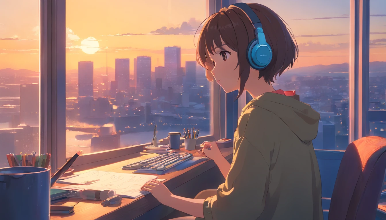 hiquality、4K、portlate、512、lo fi、Girl in headphones sitting on a chair、Take a nap at your desk、City view outside the window、early evening、PastelColors、Painting、Face of Details