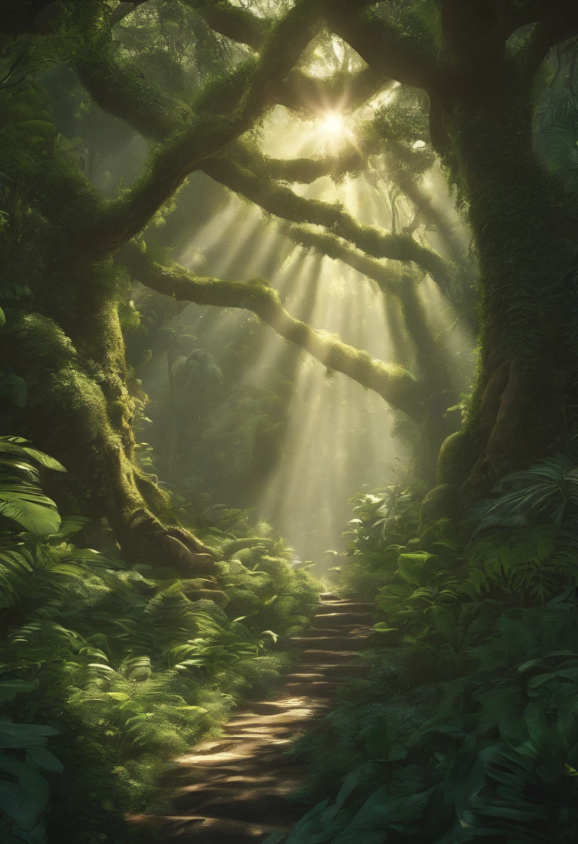 Digital illustration, detailed and intricate, of a dense jungle filled with exotic plants and animals, the sunlight filtering through the canopy creating a dappled effect. In the style of Yoshitaka Amano and Hayao Miyazaki, masterpiece, proportional, detailed, trending on artstation, beautiful lighting, realistic, intricate, award winning, 4k, highest quality