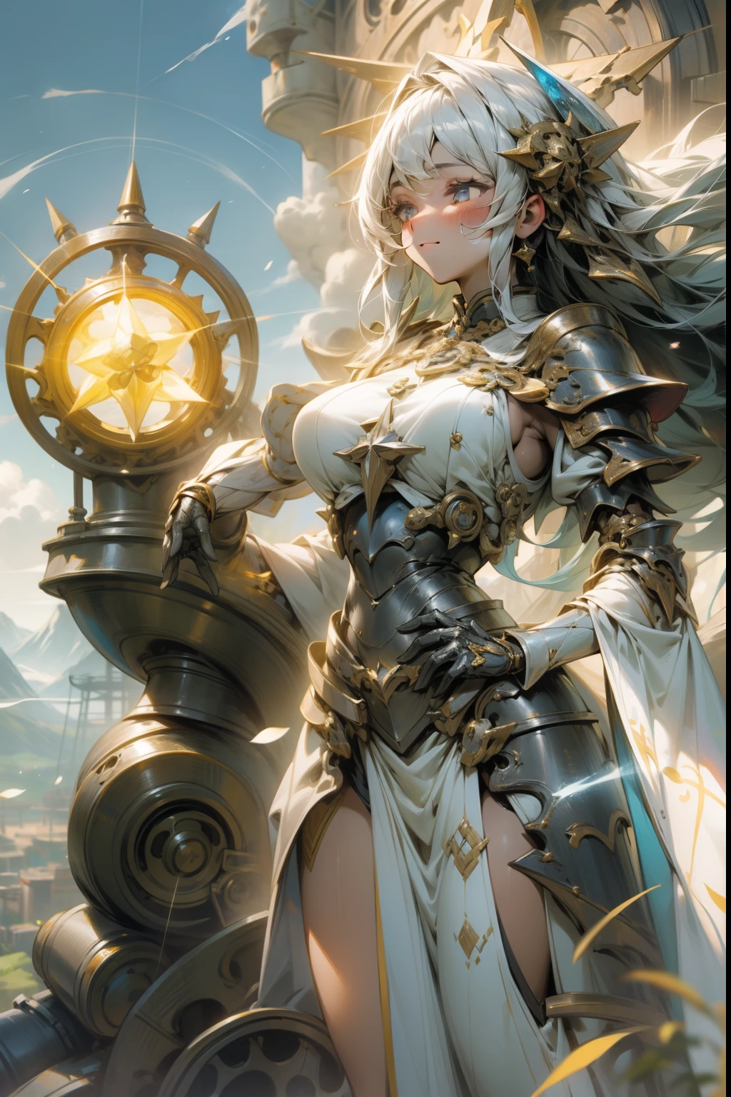 Beautiful girl in priestly clothes, Machinery decoration, Mechanic priest's uniform, A beautiful girl who uses healing magic, The power of healing, Black machine length, Complex structure, Thick armor, Exposing the upper breasts, thighs exposed, On the cliff, Majestic backdrop, High-quality sunshine depictions, The luster of the machine decoration : 1.5, Magical effects and staging, Warm aura, The aura of nature