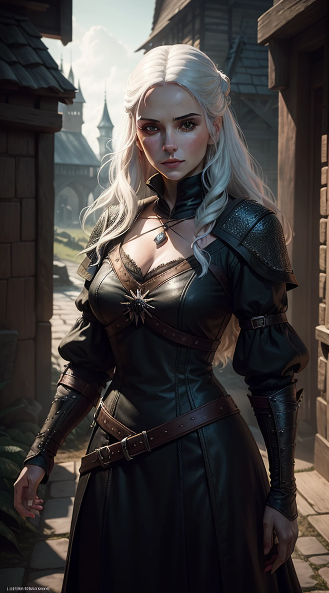 Ciri wearing a purple and gold dress in the style of c1r1
