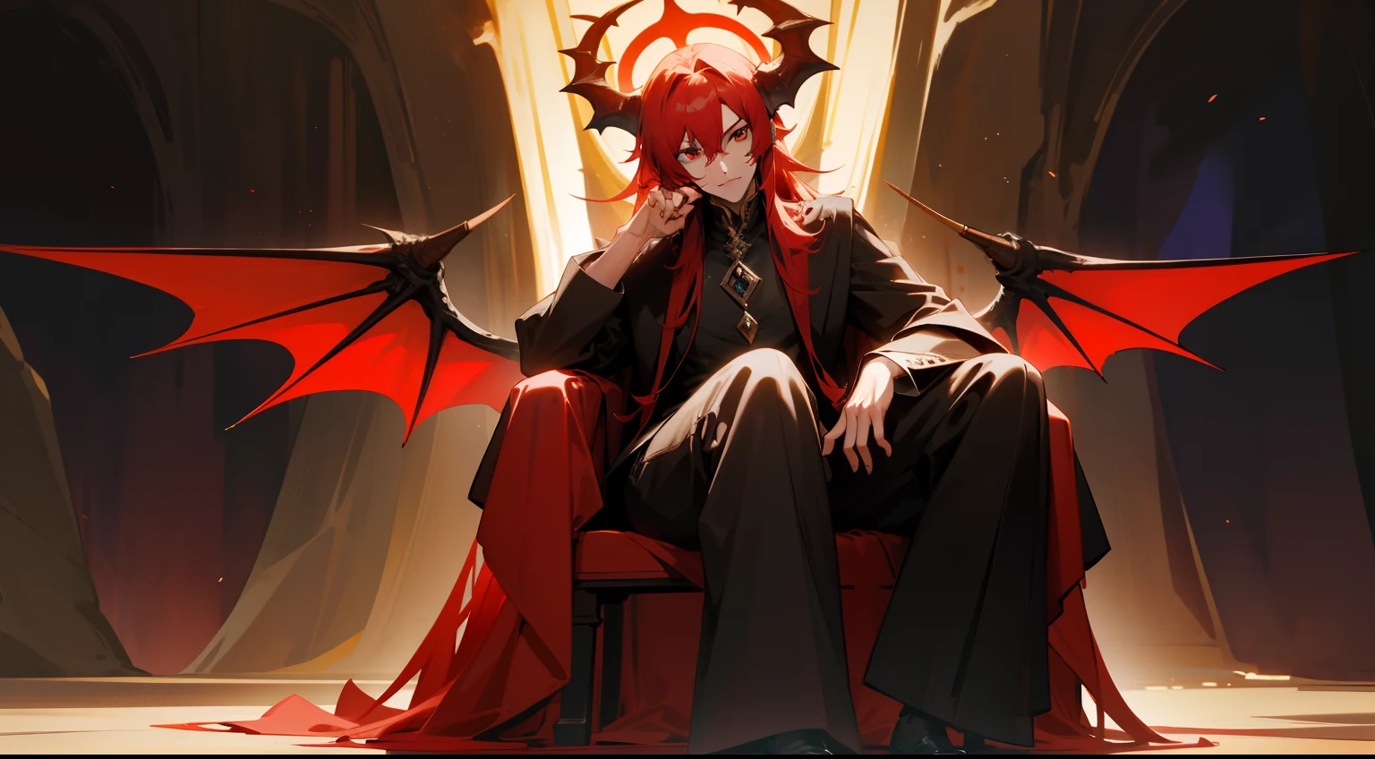 of a guy,Red-haired demon,black-clad,large tall,mature,Handsome,There is a pair of dragon wings on the back,Western fantasy,Fairytales,There is a pair of dragon horns on the head,sitting on an royal throne,In the cave,Positive image,Works of masters,A high resolution,Exquisite facial features