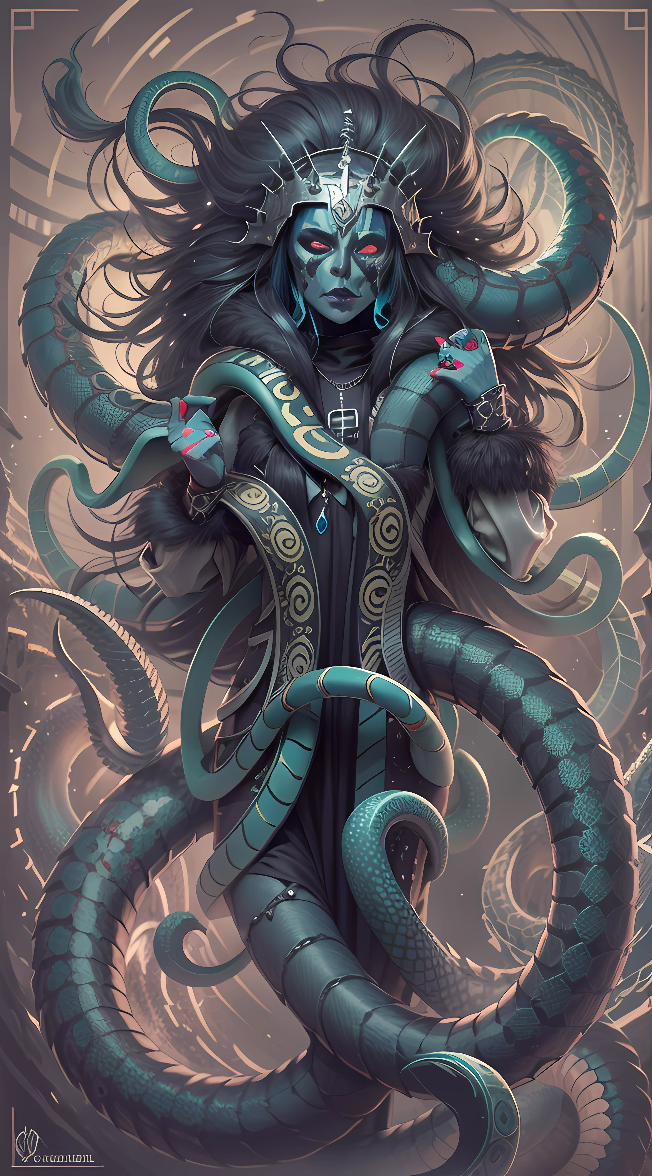 front view,portrait,symmetrical,artistic,sharp art,(dan mumford style:1.1),hdr,realism,dark fantasy,atmosphere,lovecraft style,(JimJorCrafLogo art style:1.3),medusa with snakes hair,glowing eyes,temple,stone looking,diamond jewel in the center,mossy,