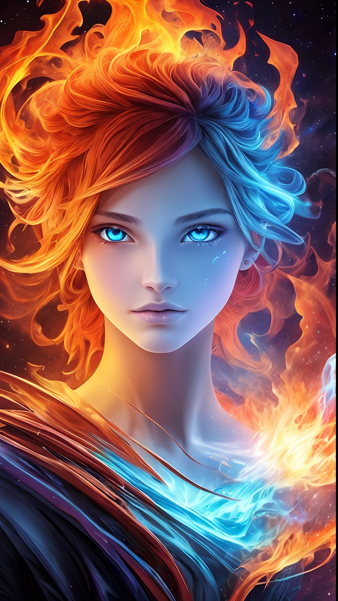 An incomprehensible and spectacular scene from a glowing cloud,  A elemental girl [fire:ice:0.5], (orange fire and blue ice eyes), (fire and ice face), 3D, rich colors, (no human:1.5), (dynamic face), filaments of fractal nebula, Cosmic entities, celestial, Space, Bright and bright, Turns, whirling, unreal, high contrast, symbolic, Magic, mysticistic, Mystification, Hyper-realistic, oversaturated, Colorful