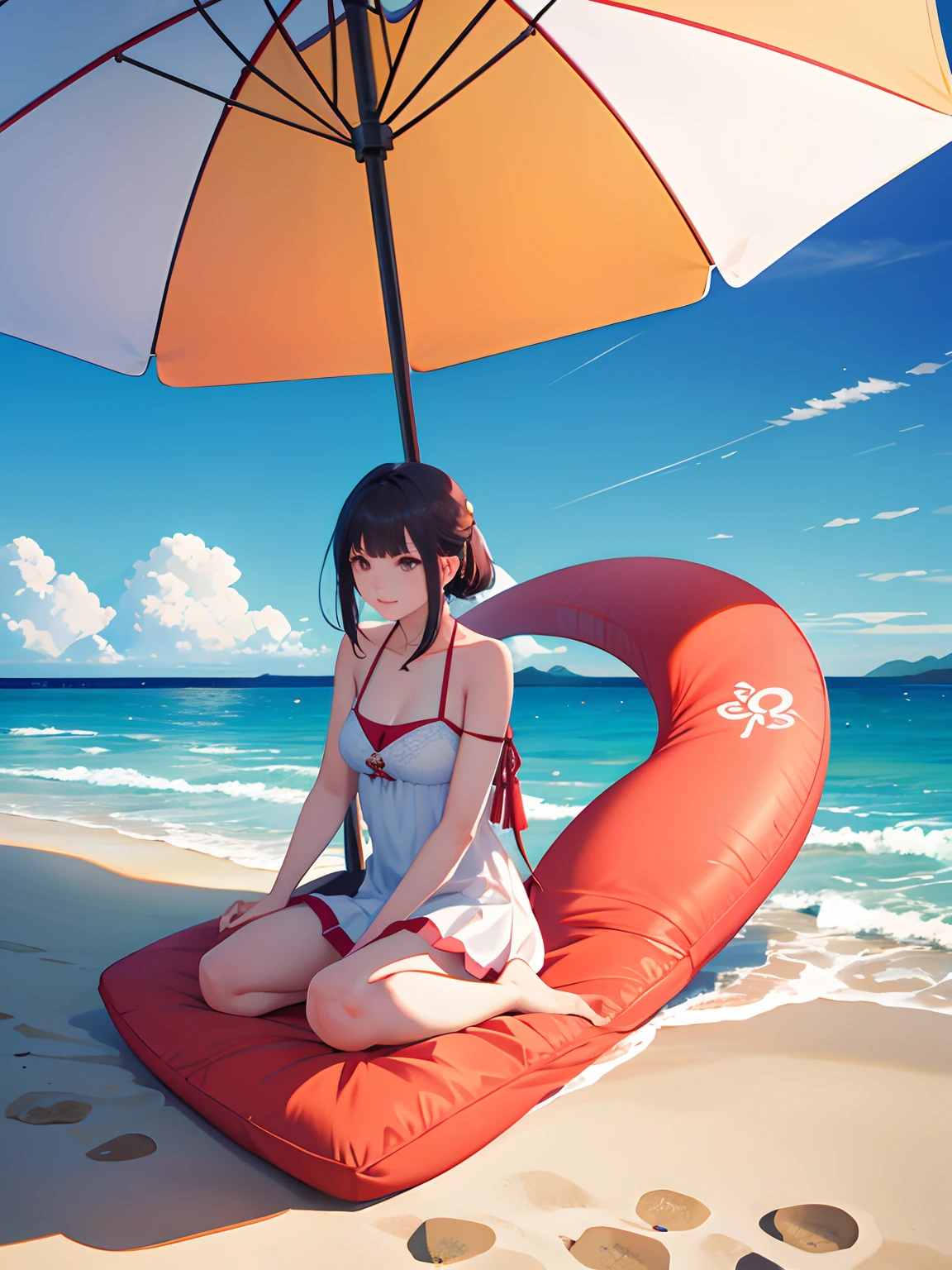 1girl、Eating a popsicle、Black Hair、Pigtails、Navy blue school swimsuit、Brown Skin、Red polka dot swim ring、Red underwater goggles、Ocean、Perfect hands、deep faint light 、 detailed CG、high resolution
