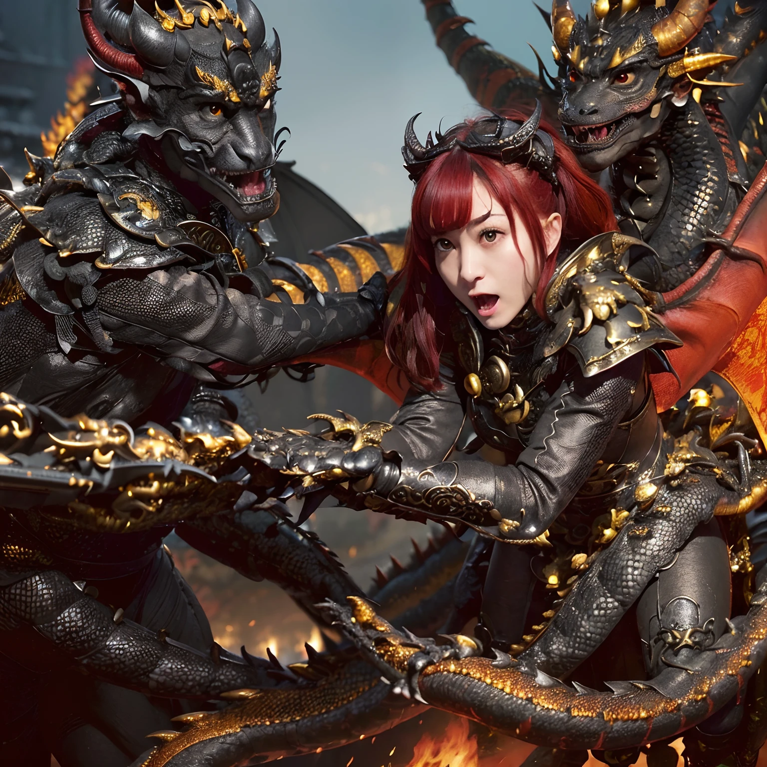 (The Ultimate Beauty Face), Professional , masterpiece、top-quality、photos realistic , depth of fields (Gemstone Black Metal Body:1.4),(Matte Black、(cleavage of the breast)、Dragon Gold Weapon,Mystical expression、Particles of light、((((Fight dragons)))、(a beauty girl)、(Dragon Metal Body:1.4),Gorgeous Silver Weapons ,(( Dragon's dense and gorgeous sword)) , Beautiful knife ,warhammer 40k , adepta sororitas,Detail and gorgeous crown、((Red hair))、(Castle background)、、((Gangle's forest background))、Beautiful Caucasian beauty、1a person、dynamic ungle,(((Detailed and ornate Black Devil Crown)))、Smaller head、A smile、Castle background、Thin and beautiful female hands、cleavage of the breast、Soldier in iron armor on background、Mystical expression、Light Effects、intense fighting、Wind-effect、magic circles、With the legendary magic wand、(demonic wings)、