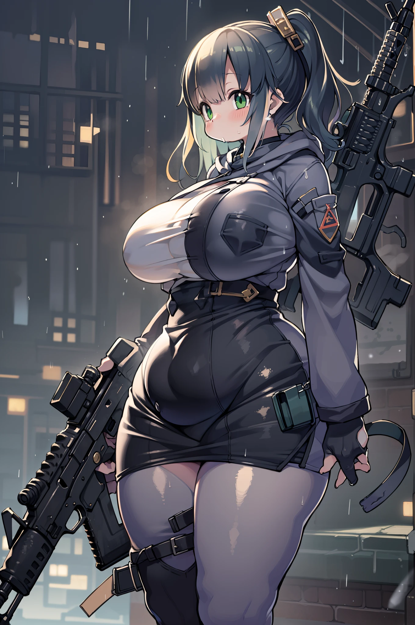 (((Hold a huge assault rifle)))、Long sideburns、Anime-style girl with beautiful whole body, clean detailed faces, ciber,analogous colors, Glowing shadows, beautiful gradients, depth of fields, CLEAN IMAGE, High quality,Black Parker Closing、 high detailing, High Definition, blush, Fit, Heavenly Beauty, Very detailed, Soft lighting, Full body,Green&Black hair,Green eyes、(((huge-breasted))),Very Wide Shot、bbw、big butts、In heavy rain、Huge assault rifle、chubby、big butts、it is raining