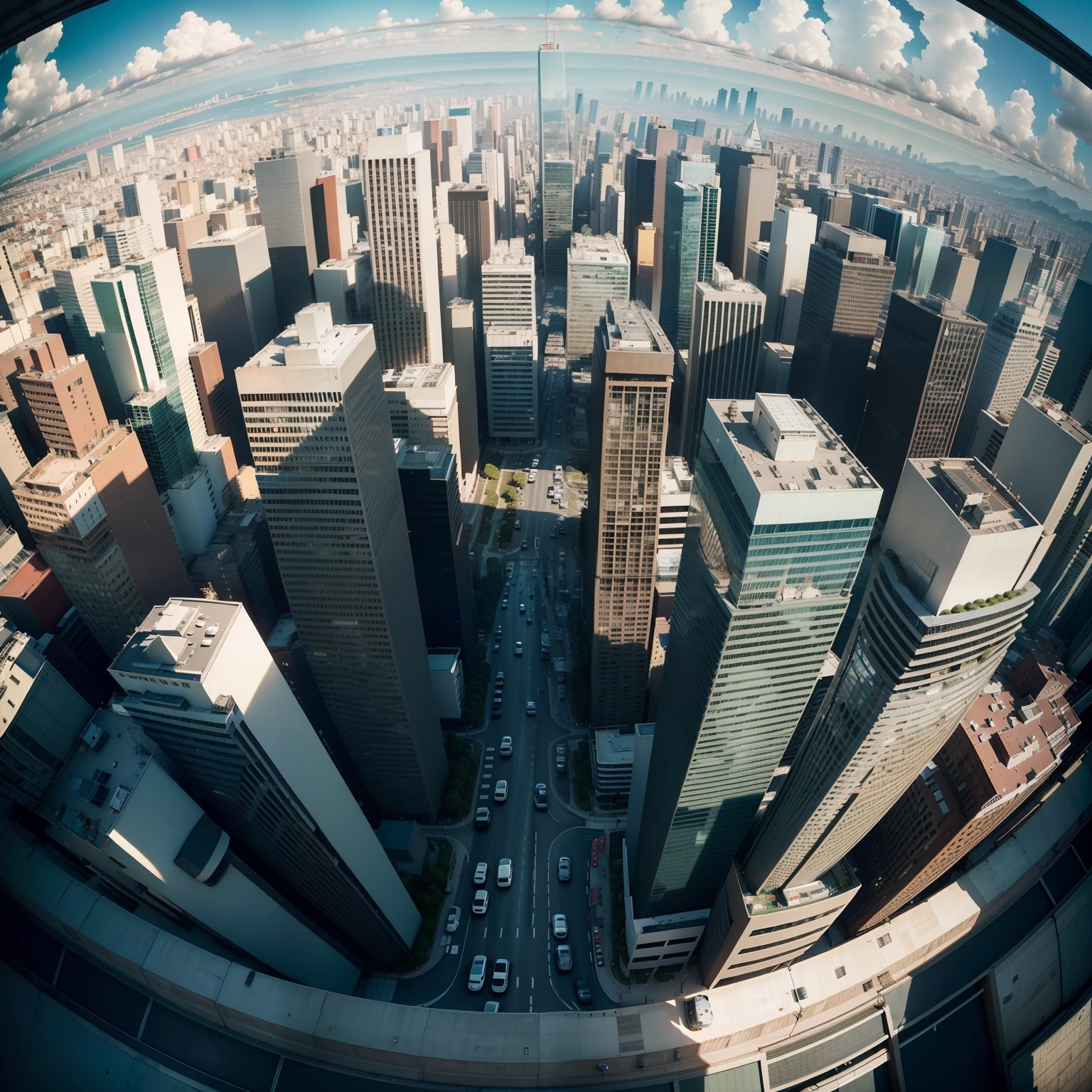 8k, Fotos RAW, qualidade superior),lente olho de peixe、(((wide view)))、fisheye, supergrande angular | | |, Olho de peixe Canon, estilo de filme、centro da cidade, cidade estilo Tokyo、Tokyo in the morning, Hurried crowd of suits through the city in the background of the image、estilo de vida indie e punk, Hard day, mas bonito、azul e laranja|((midtones))、Filmes indie、Meia cara、clear morning、ambiente ensolarado、alta qualidade、filmagem de cinema、foco nítido, paisagem realista, ultrarrealismo