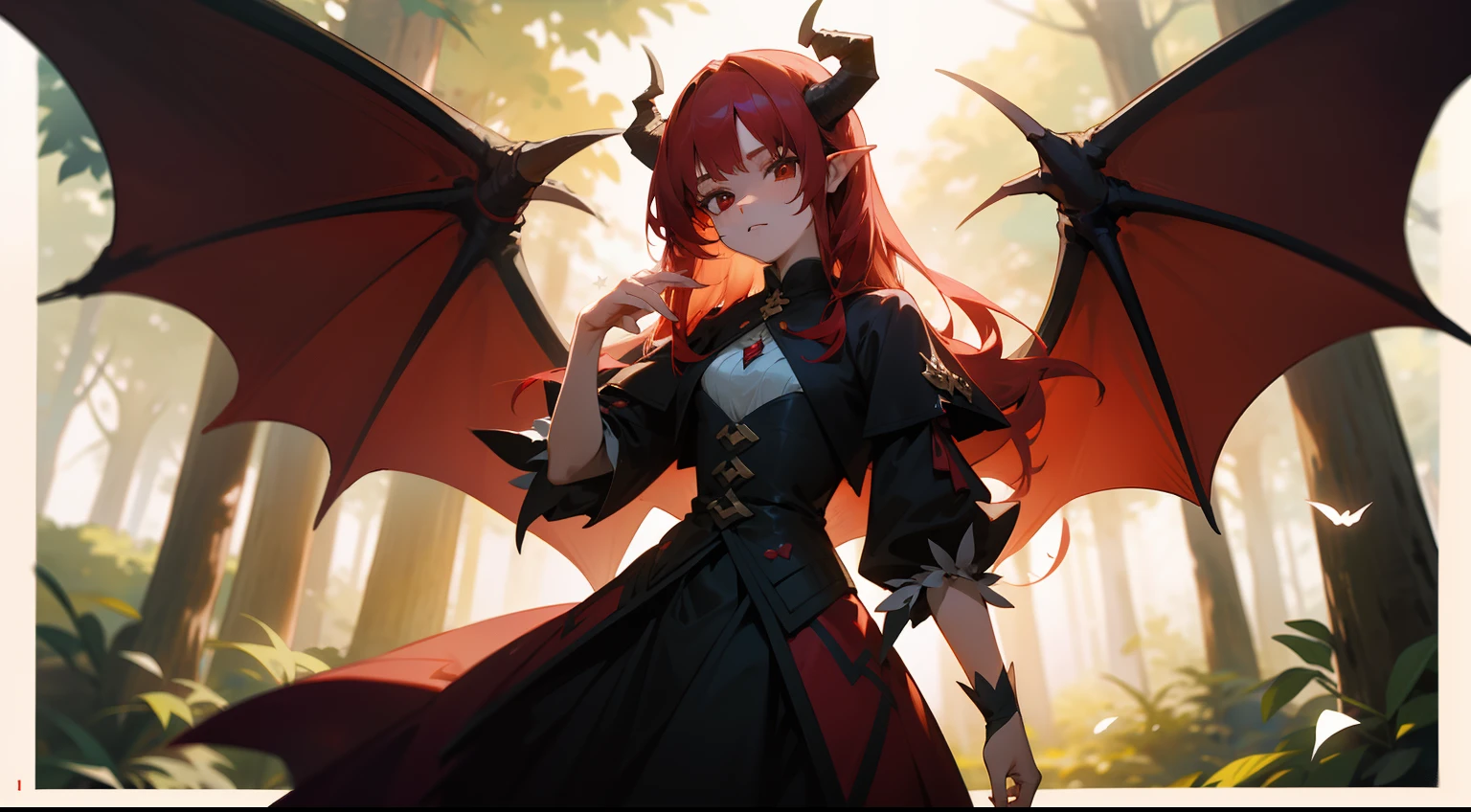 one-girl，Red-haired demon，There is a pair of dragon wings on the back，Western fantasy，Fairytales，There is a pair of dragon horns on the head，Stand in the forest，Works of masters，A high resolution，Exquisite facial features