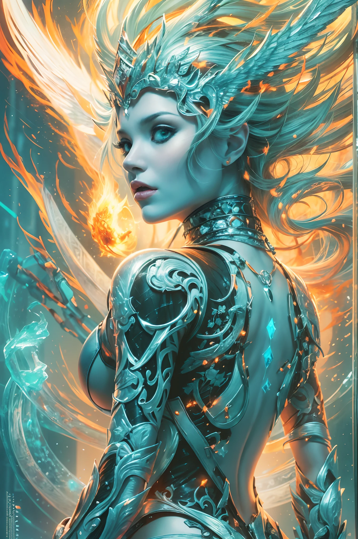 (Ultra Real), (illustration), HDR (High Dynamic Range), Draw a sexy goddess of holy winter, under the sign of the frosty phoenix. is dressed in Ancient Biomechanics, exoskeleton, out of this world, driven by the inner negative energy of the goddess, this energy is visible to the viewer. Draw nature's moving icy blue-black living flames on a futuristic exoskeleton. This sexy outfit has a lot of bold, sexy leaks