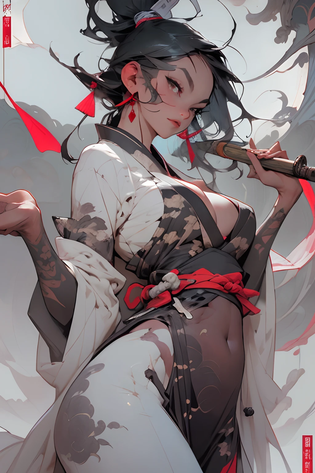 Barefoot woman(30-years old) , (skin tanned:1.7)、 (White long hair:1.5)、(Samurai style kimono:1.0)、(Smoke pipes)、(White smoke)、(abnormally large breasts)、Bare shoulders, Double eyelids, (Gray eyes)、Parted lips,Solo,(cleavage)、delicate and sexy(鎖骨:1.3), (Shiny skin:0.8),(masutepiece:1.4),(Best Quality:1.4),glossy red lips, Perfect Abs, Wet(full of sweat)、low angles, (from below angle), High detailed skin, Skin pores,(Katsushika Hokusai-style background)