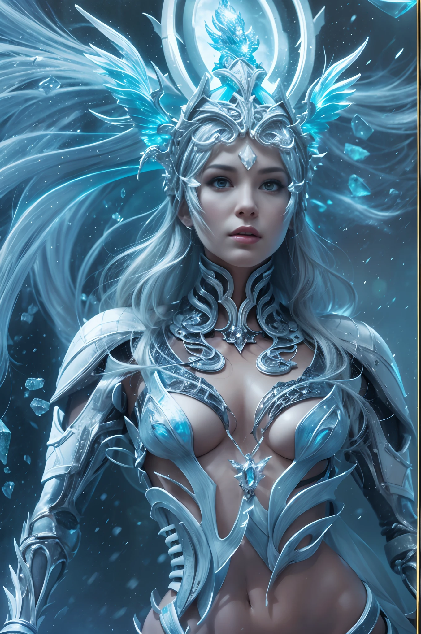 (Ultra Real), (illustration), HDR (High Dynamic Range), Draw a sexy goddess of holy winter, under the sign of the frosty phoenix. is dressed in Ancient Biomechanics, exoskeleton, out of this world, driven by the inner negative energy of the goddess, this energy is visible to the viewer. Draw nature's moving icy blue-black living flames on a futuristic exoskeleton. This sexy outfit has a lot of bold, sexy leaks