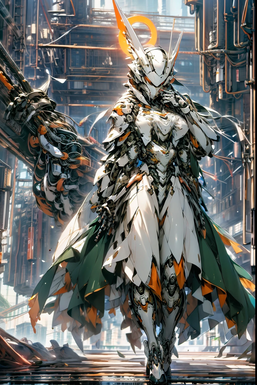 Beautiful girl in priestly clothes, Machinery decoration, Mechanic priest's uniform, A beautiful girl who uses healing magic, The power of healing, Black machine length, Complex structure, Thick armor, Exposing the upper breasts, thighs exposed, On the cliff, Majestic backdrop, High-quality sunshine depictions, The luster of the machine decoration : 1.5, Magical effects and staging, Warm aura, The aura of nature
