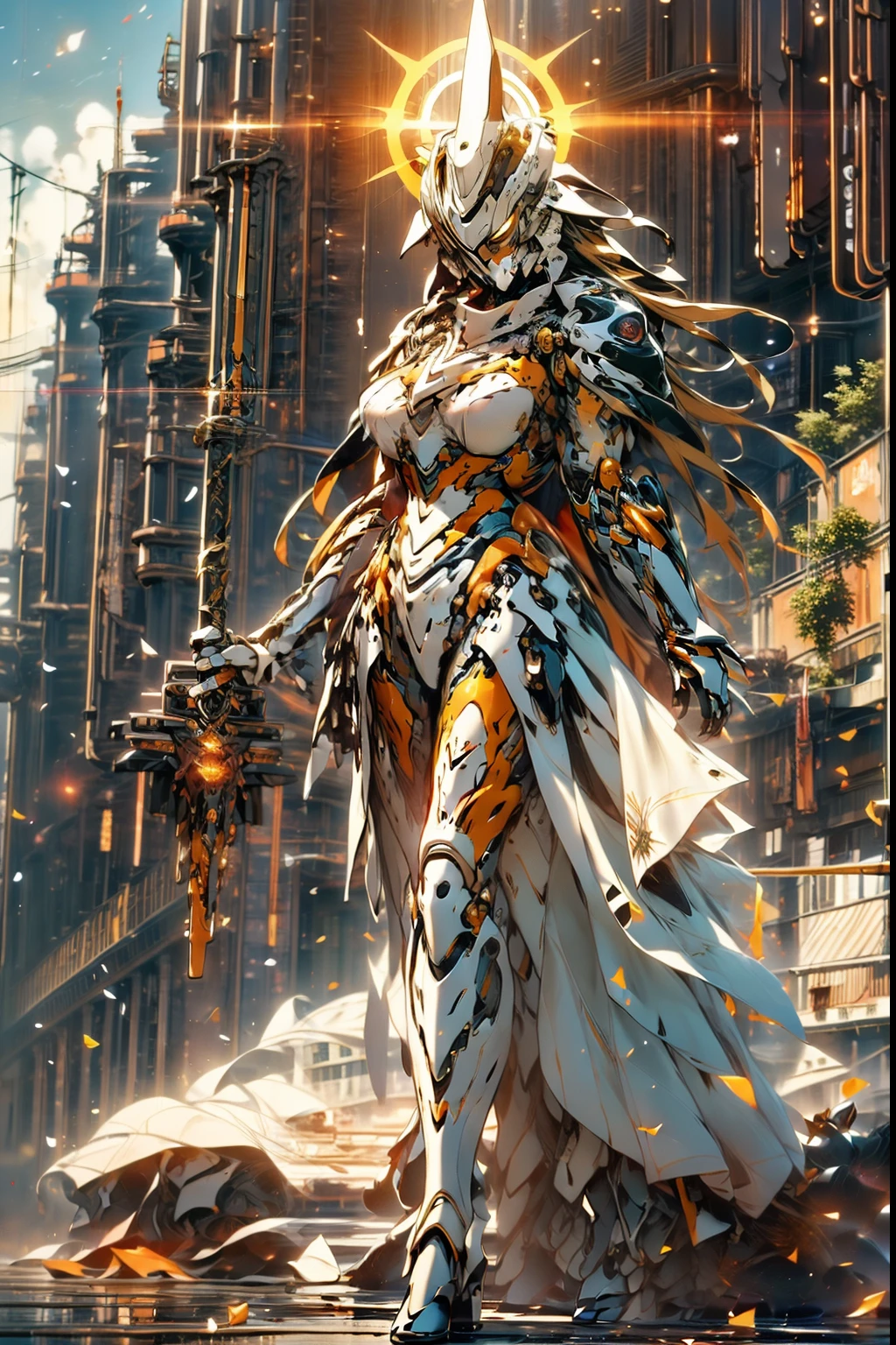 Beautiful girl in priestly clothes, Machinery decoration, Mechanic priest's uniform, A beautiful girl who uses healing magic, The power of healing, Black machine length, Complex structure, Thick armor, Exposing the upper breasts, thighs exposed, On the cliff, Majestic backdrop, High-quality sunshine depictions, The luster of the machine decoration : 1.5, Magical effects and staging, Warm aura, The aura of nature