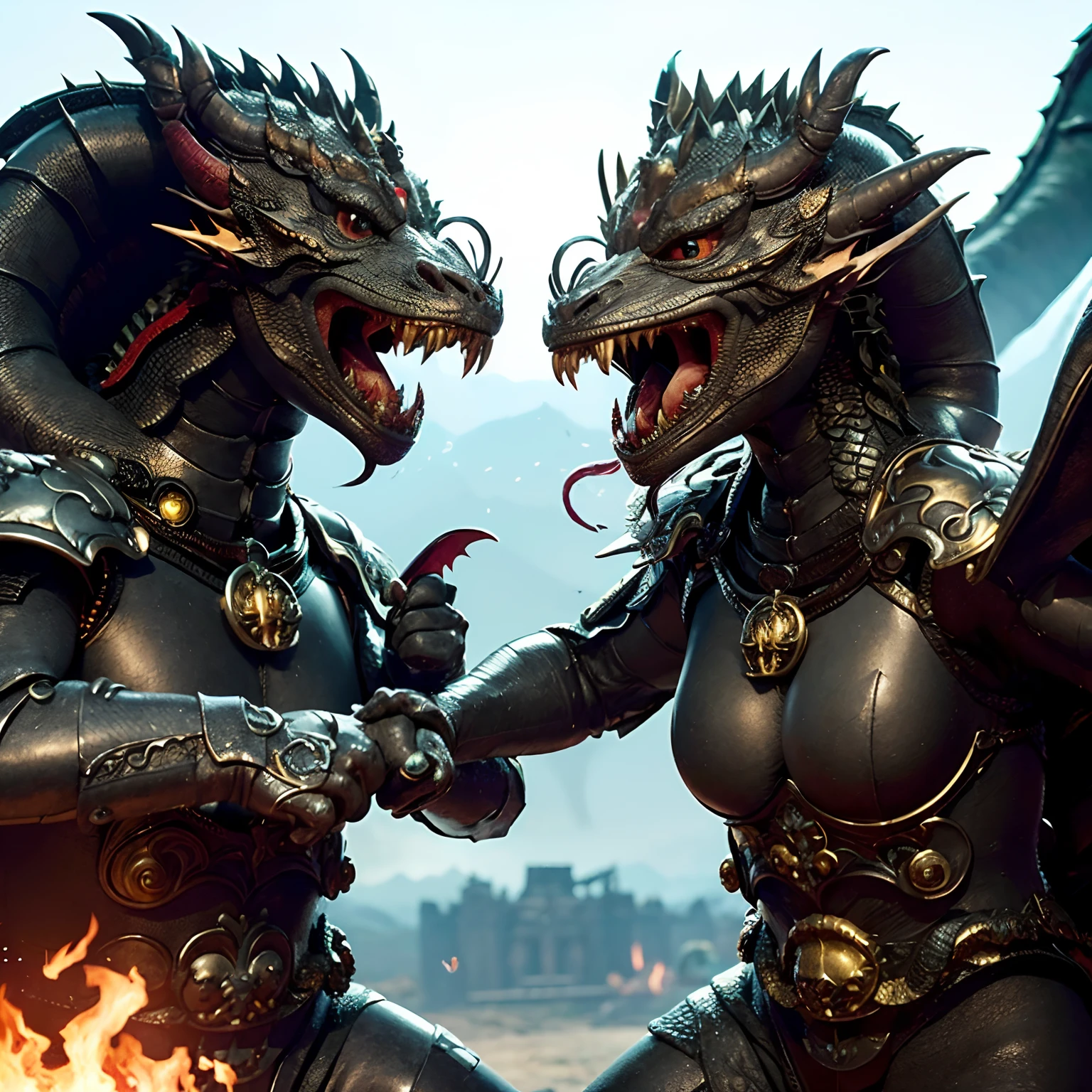 (The Ultimate Beauty Face), Professional , masterpiece、top-quality、photos realistic , depth of fields (Gemstone Black Metal Body:1.4),(Matte Black、(cleavage of the breast)、Dragon Gold Weapon,Mystical expression、Particles of light、((((Fight dragons)))、(a beauty girl)、(Dragon Metal Body:1.4),Gorgeous Silver Weapons ,(( Dragon's dense and gorgeous sword)) , Beautiful knife ,warhammer 40k , adepta sororitas,Detail and gorgeous crown、((Red hair))、(Castle background)、、((Gangle's forest background))、Beautiful Caucasian beauty、1a person、dynamic ungle,(((Detailed and ornate Black Devil Crown)))、Smaller head、A smile、Castle background、Thin and beautiful female hands、cleavage of the breast、Soldier in iron armor on background、Mystical expression、Light Effects、intense fighting、Wind-effect、magic circles、With the legendary magic wand、(demonic wings)、