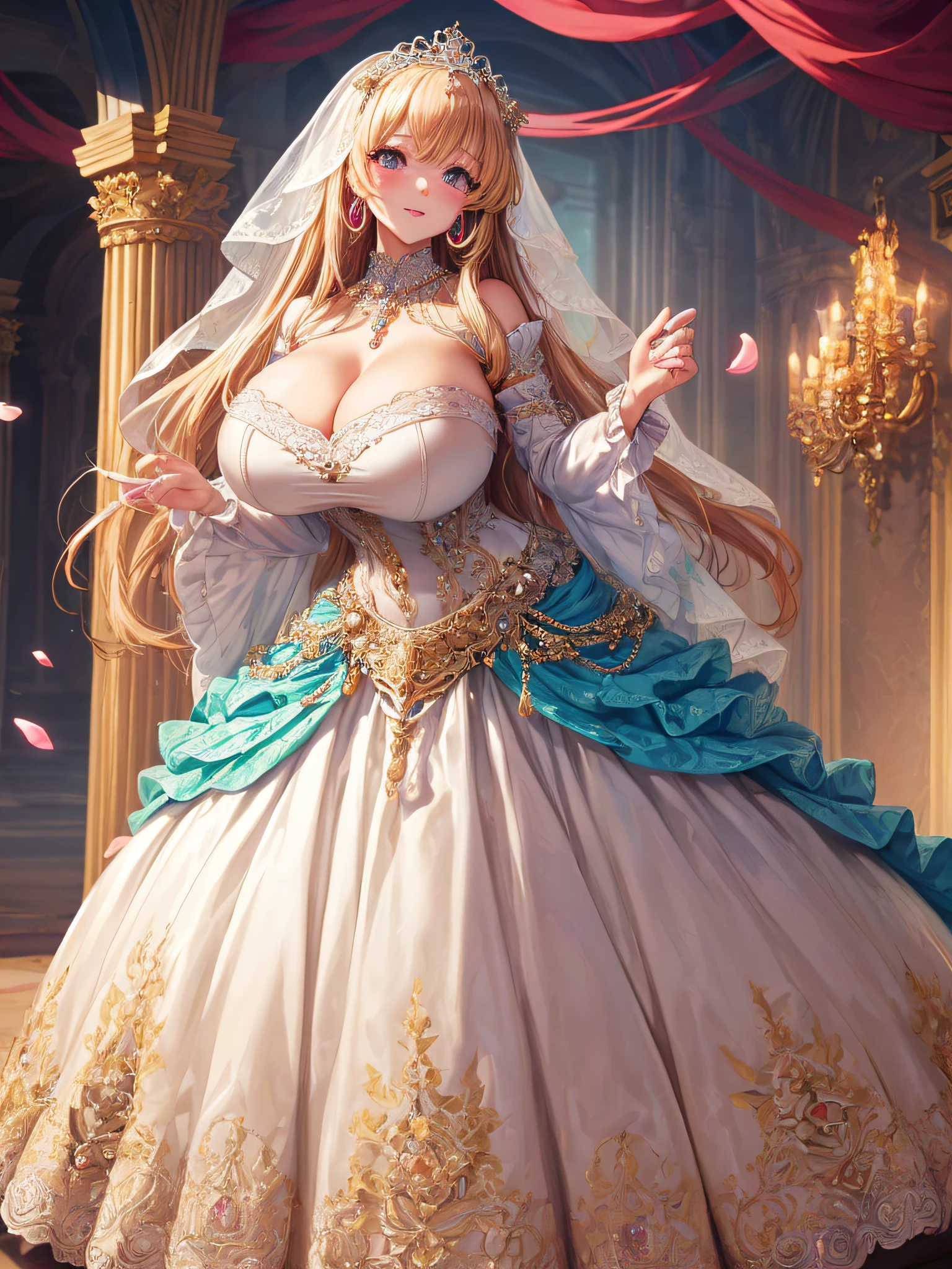 (masterpiece, best quality,extremely detailed:1.1),(moe anime art style:1.2),1girl,((full body)),((solo)), cute, kawaii,digital art,((1 bling-bling anime princess wearing beautiful embroidery and jeweled ruffled gorgeous princess ballgown with voluminous full length hoop skirt)),((crinoline)),long train,voluminous frills,(gorgeous embroidery and beautiful lace),((very gigantic boobs,skindentation)),cleavage,shiny hair,(((very long straight hair))),((finely detailed face and eyes)),clear pupil,extremely gorgeousfull hair ornament,(bling-bling jeweled extremely gorgeousfull tiara),(bling-bling gorgeous gemstone jewelry),long veil,beautiful background,fantasy background,flowers,flower petals flowing,full body,((beautiful embroidery and jeweled ruffled gorgeous princess ballgown with voluminous full length hoop skirt))