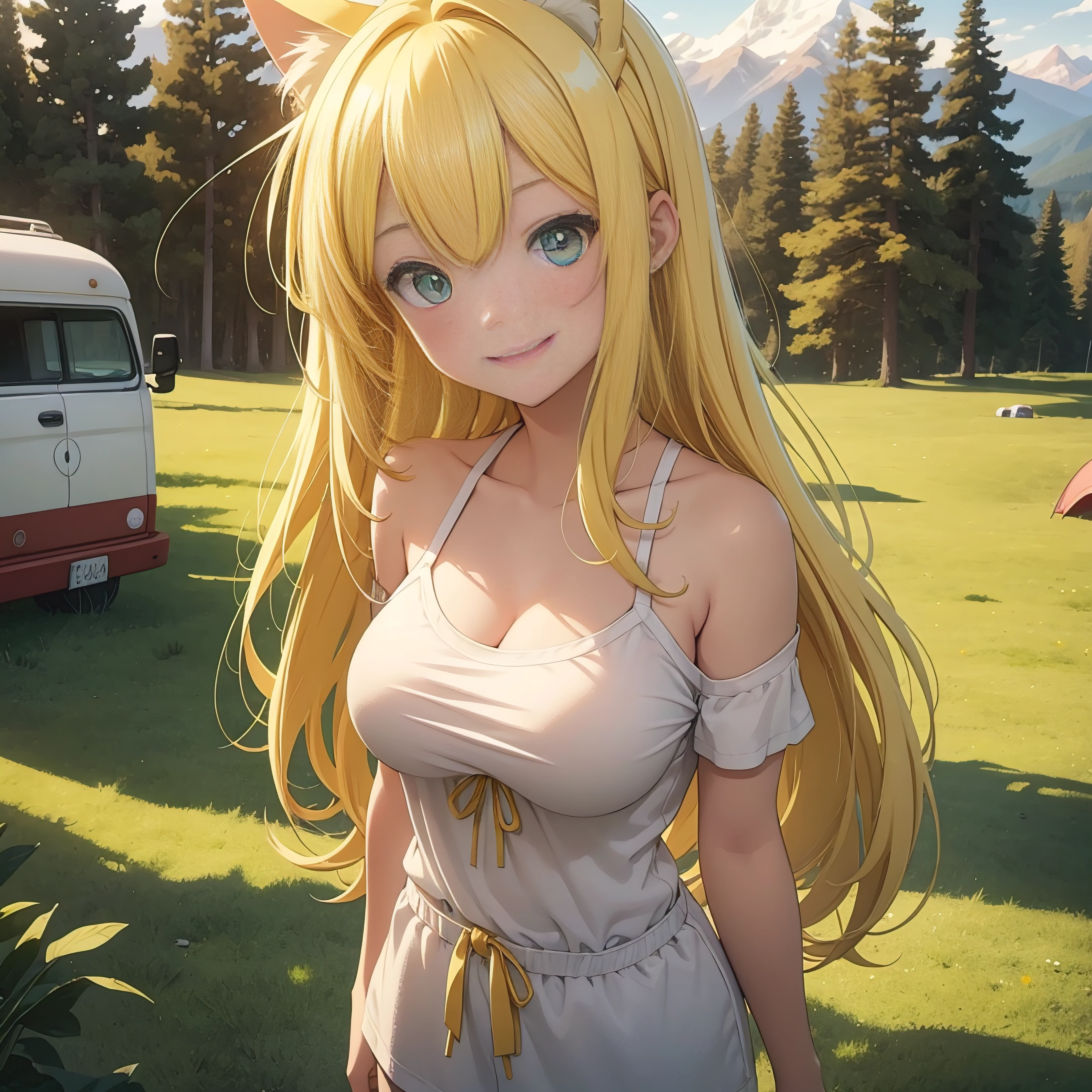 a girl., Green-eyed blonde, long-haired, Yellow Cat Ear Girl, Dawn Hair, Cute Smiling Girl, Age 20, Wear casual clothing. , Perfect breast size, red cheeks, Camping, In the mountains, dawn, sunrise