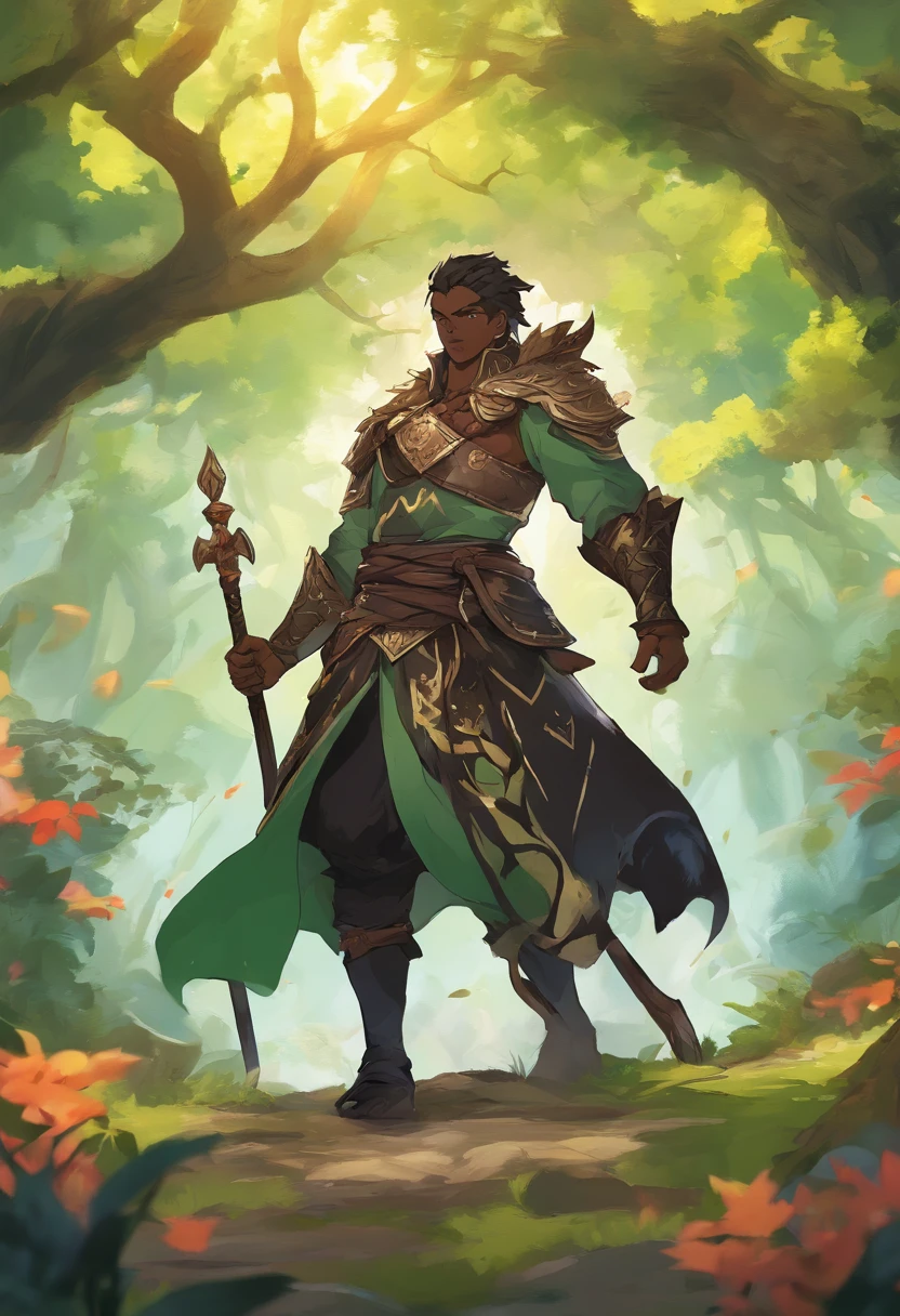 Homem negro, in the clothes of a warrior and guardian of the forest, segurando um martelo grande de guerra, fundo de floresta e natureza lindo e detalhado inspirado em Genshin impact