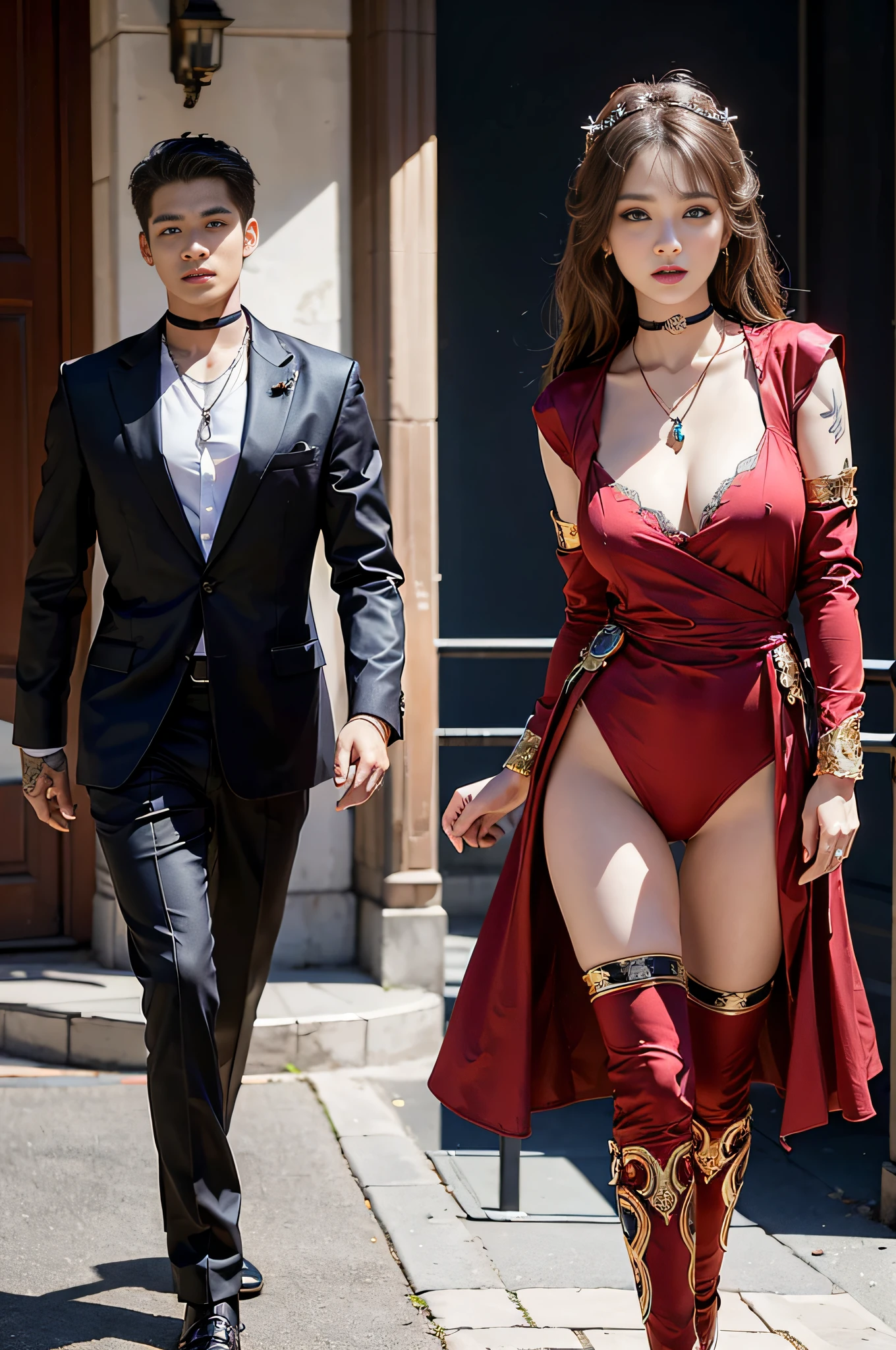 ((​masterpiece:1.4)、(top-quality:1.4)、(reallistic:1.7))、Ultra-realistic portrait of the beautiful Martian queen by Luis Royo、Super beautiful girl queen、((1girl in:1.4))、Shiny natural skin texture、(The Queen's ornate outfit)、(Red formal suit:1.4)、By Luis Royo、age19、(Cute tattoos:1.4)、(Two arms:1.4、Two legs:1.4)、(perfect anatomia:1.4)、(Perfect female body:1.4)、Portrait photo of a girl、Close-up photos、Upper body photography、Fantasyart、Soft front light、beautiful countenance、kawaii faces、Beautiful udder、large full breasts:1.2、Beautiful ass、A detailed eye、Draw the eyes clearly, Beautiful and attractive eyes、beautidful eyes、Narrow waist、Raw photo、red-lips、Long hair is set like a queen in a cool way、(tiarra:1.4、a choker:1.4、a necklace:1.4、耳Nipple Ring:1.4)、1 screen display、Beautiful girl standing in the royal palace of the Martian kingdom