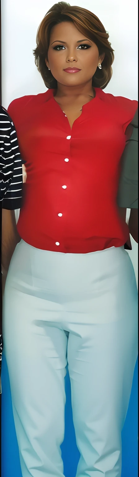 Red pants, White low cute top, red high heel shoes, triple d breasts,