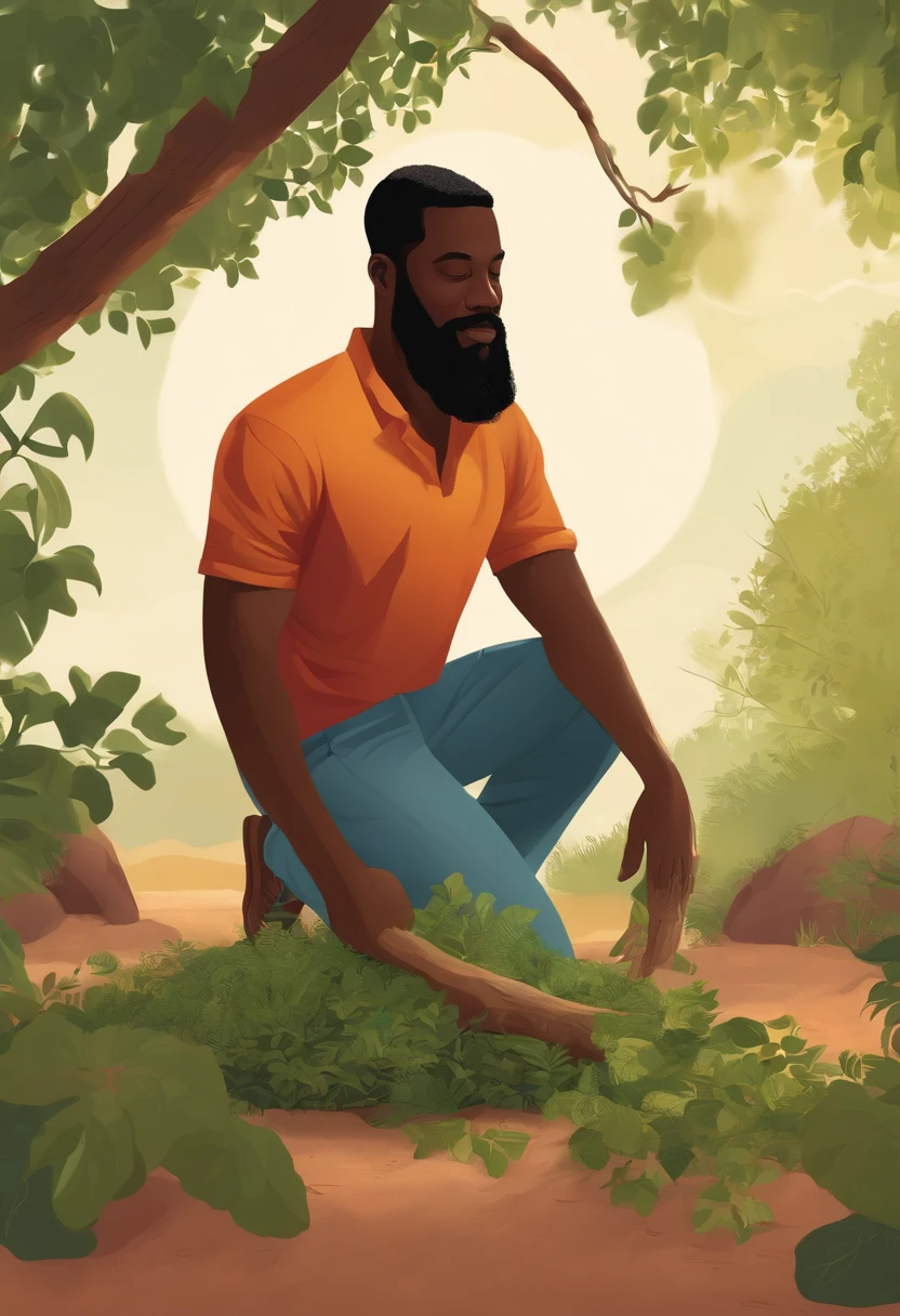 black man in his 20 with beard planting a tree