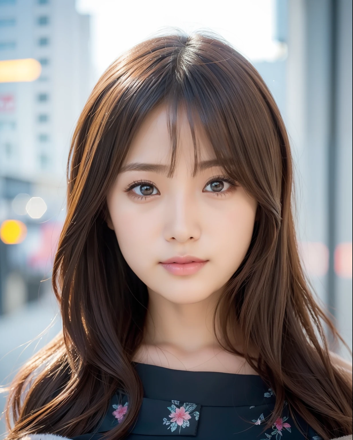 (top-quality、hight resolution、1girl in、Hairstyles Long、The upper part of the body、closes mouth、Face Lighting、Round face)Raw photo、Glossy hair、Glossy skin、Brown hair、black eyes、big eye、Natural makeup、japanes、Feminine face、Sexy face、A detailed eye、thick lip、japanes、Beautiful adult woman、diffuse glow、Bright photo、portlate、City background、Background bokeh