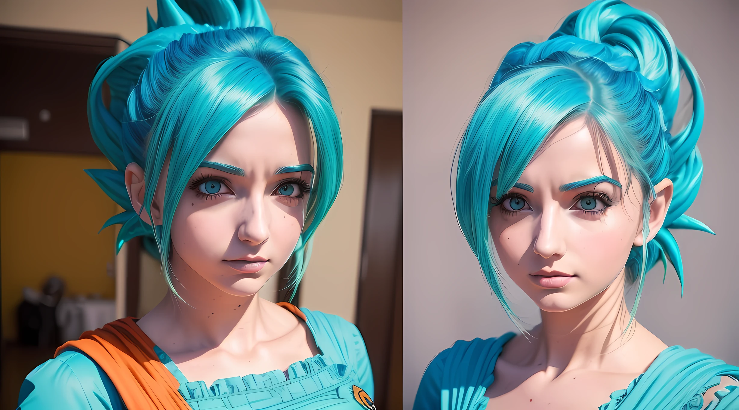 Uma mulher jovem linda atraente inspirada em Emily Rudd, como Emily Rudd, (((com traje de cosplayer de Bulma personagem de dragon ball))), (((Autorretrato do rosto , rosto realista))), (((roupa perfeita, intricate realism)))